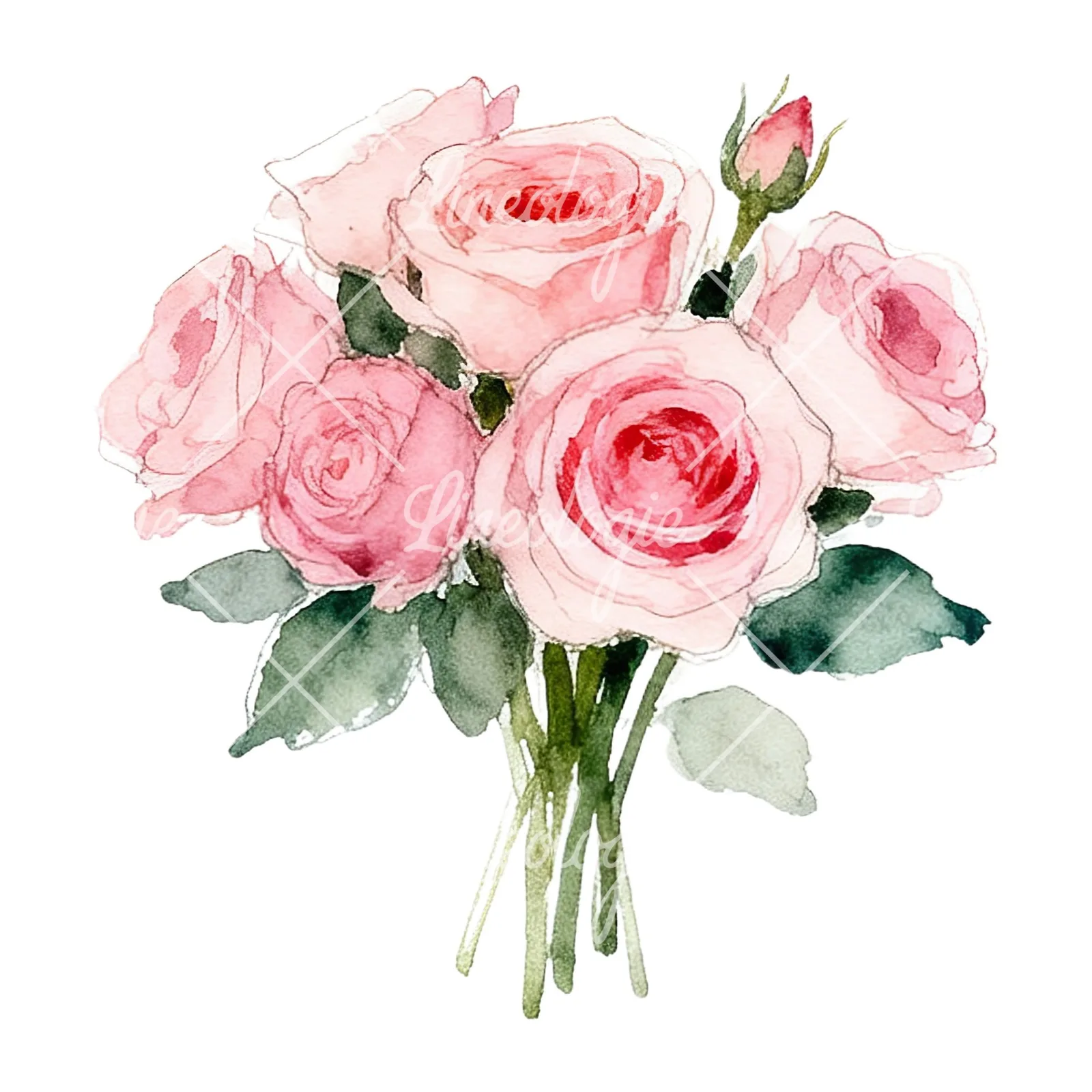 Watercolor pink rose bouquet with greenery clipart 3 of 12 on a white background (JPG)