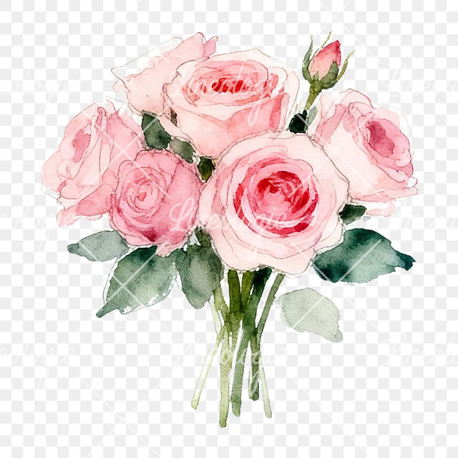 Watercolor pink rose bouquet with greenery clipart 3 of 12 on a transparent background (PNG)
