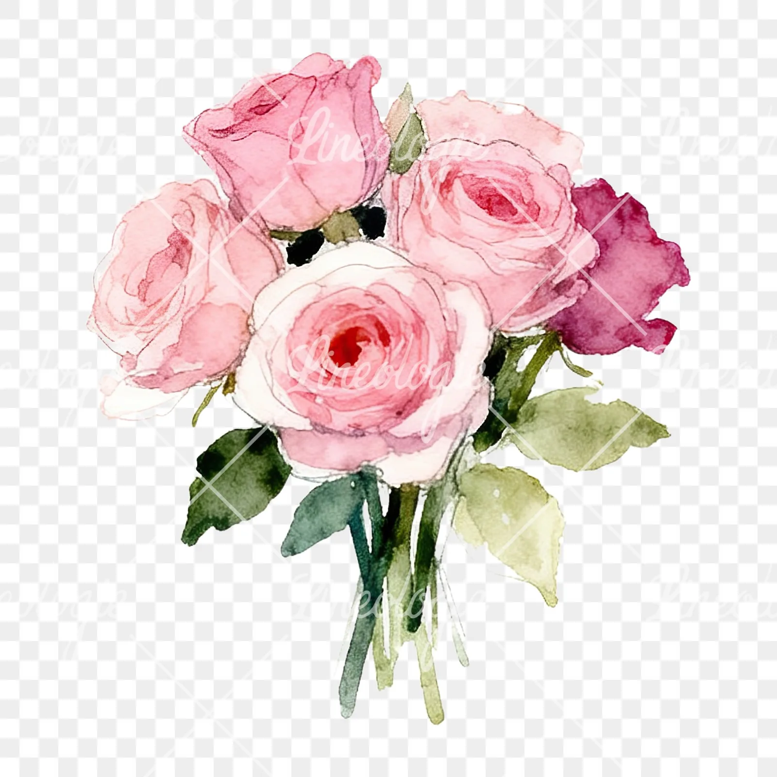 Watercolor pink rose bouquet with greenery clipart 4 of 12 on a transparent background (PNG)