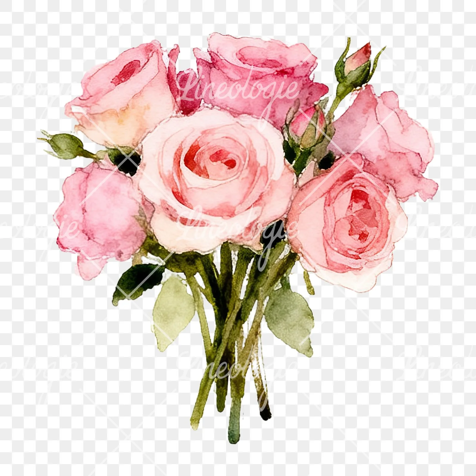 Watercolor pink rose bouquet with greenery clipart 5 of 12 on a transparent background (PNG)