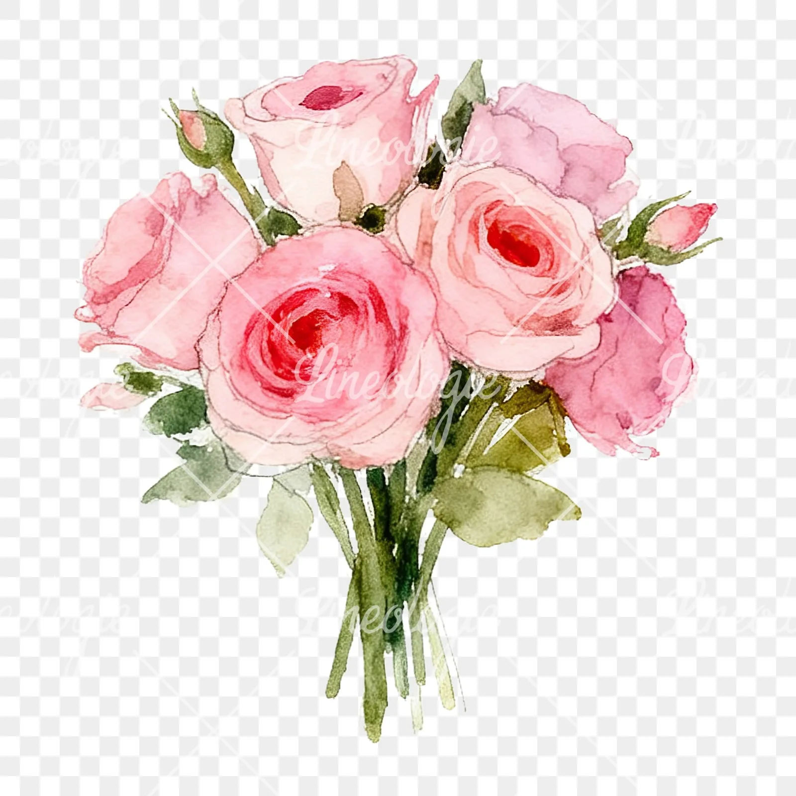 Watercolor pink rose bouquet with greenery clipart 6 of 12 on a transparent background (PNG)