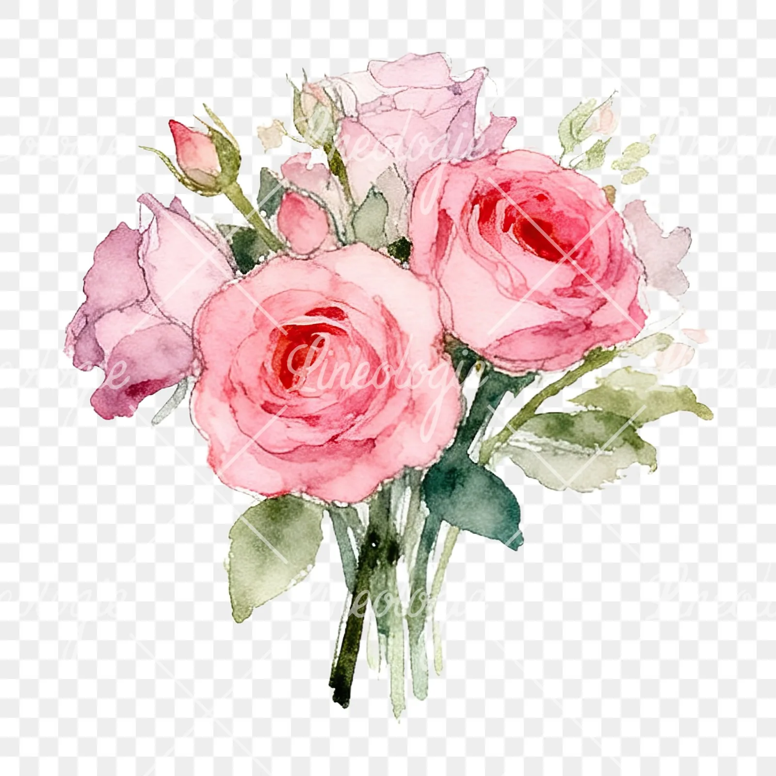 Watercolor pink rose bouquet with greenery clipart 7 of 12 on a transparent background (PNG)