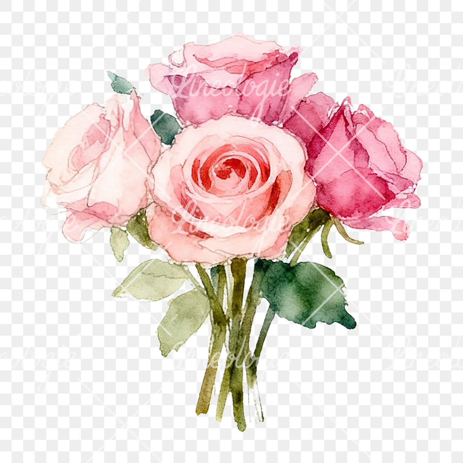 Watercolor pink rose bouquet with greenery clipart 8 of 12 on a transparent background (PNG)