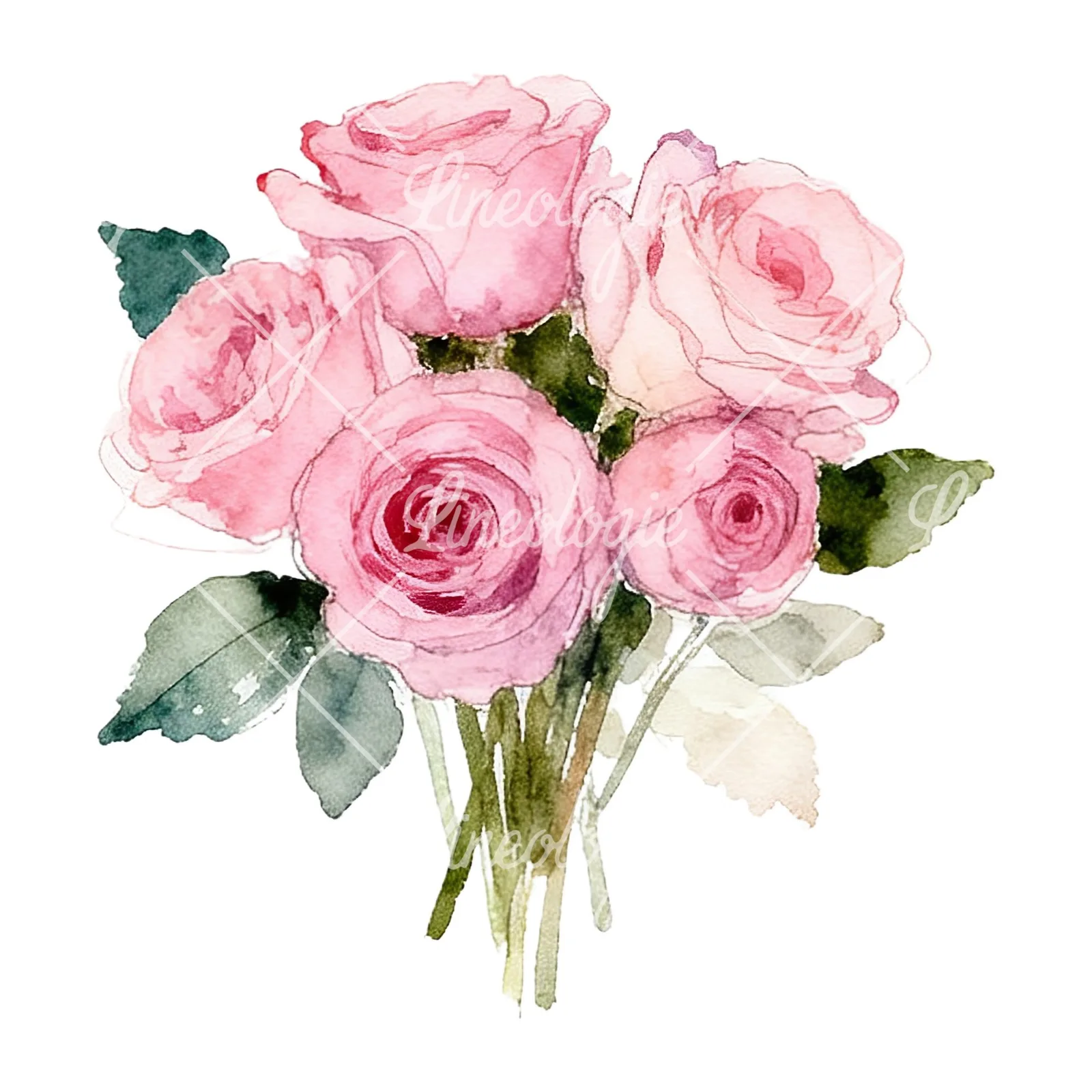 Watercolor pink rose bouquet with greenery clipart 9 of 12 on a white background (JPG)