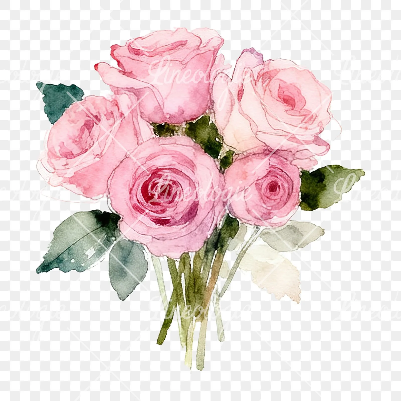 Watercolor pink rose bouquet with greenery clipart 9 of 12 on a transparent background (PNG)