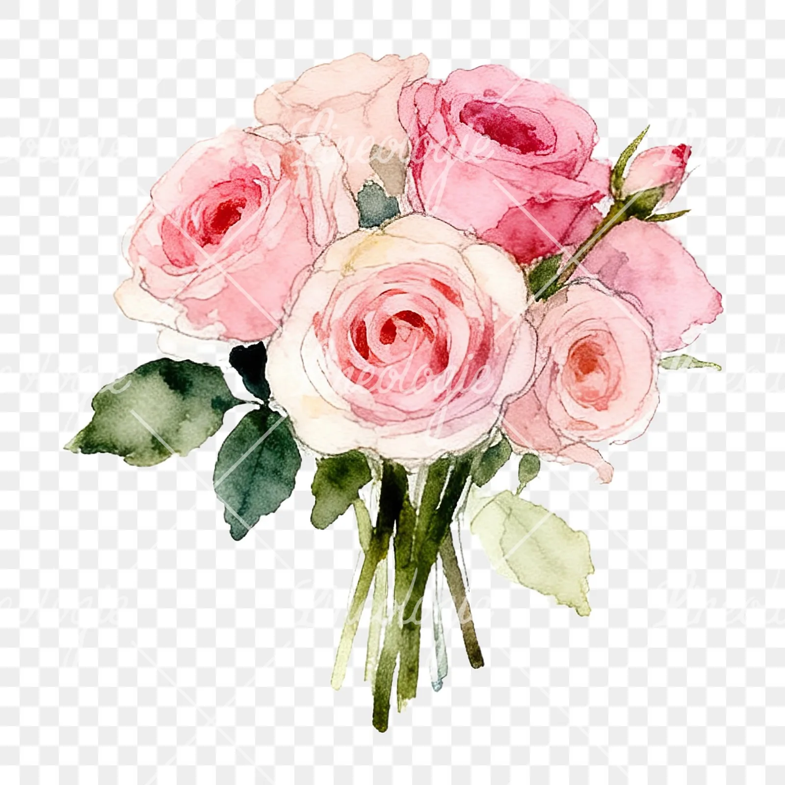 Watercolor pink rose bouquet with greenery clipart 10 of 12 on a transparent background (PNG)