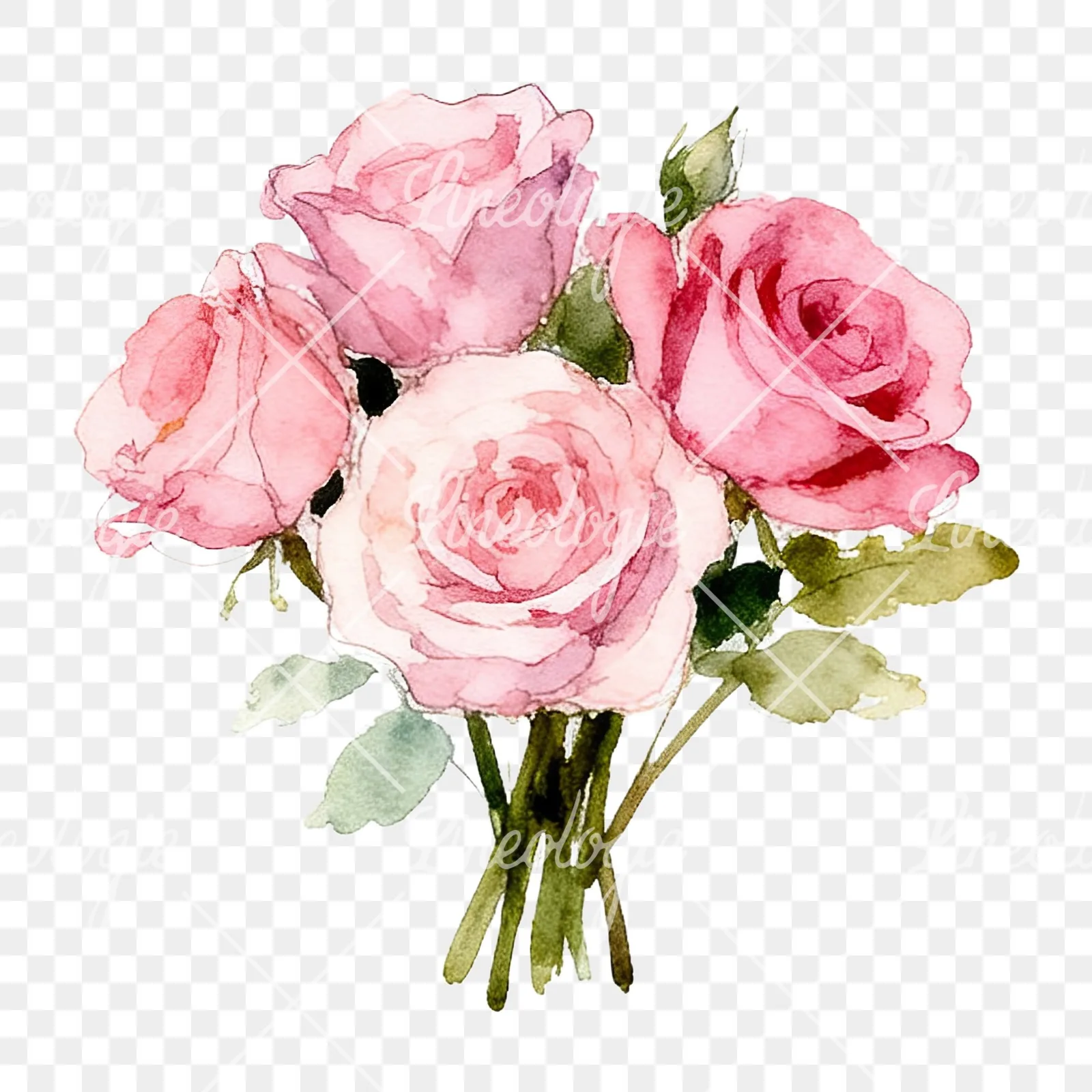 Watercolor pink rose bouquet with greenery clipart 11 of 12 on a transparent background (PNG)