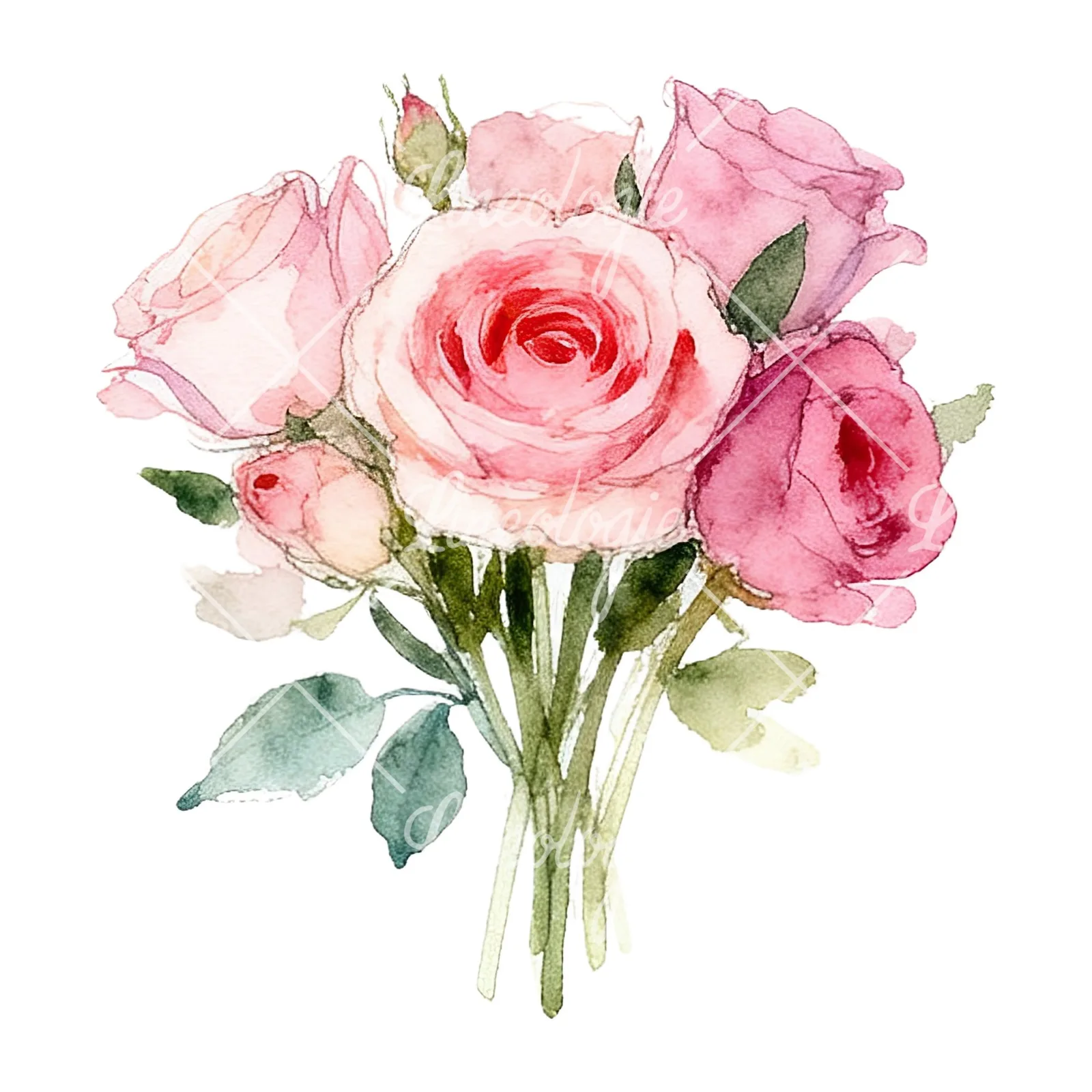 Watercolor pink rose bouquet with greenery clipart 12 of 12 on a white background (JPG)