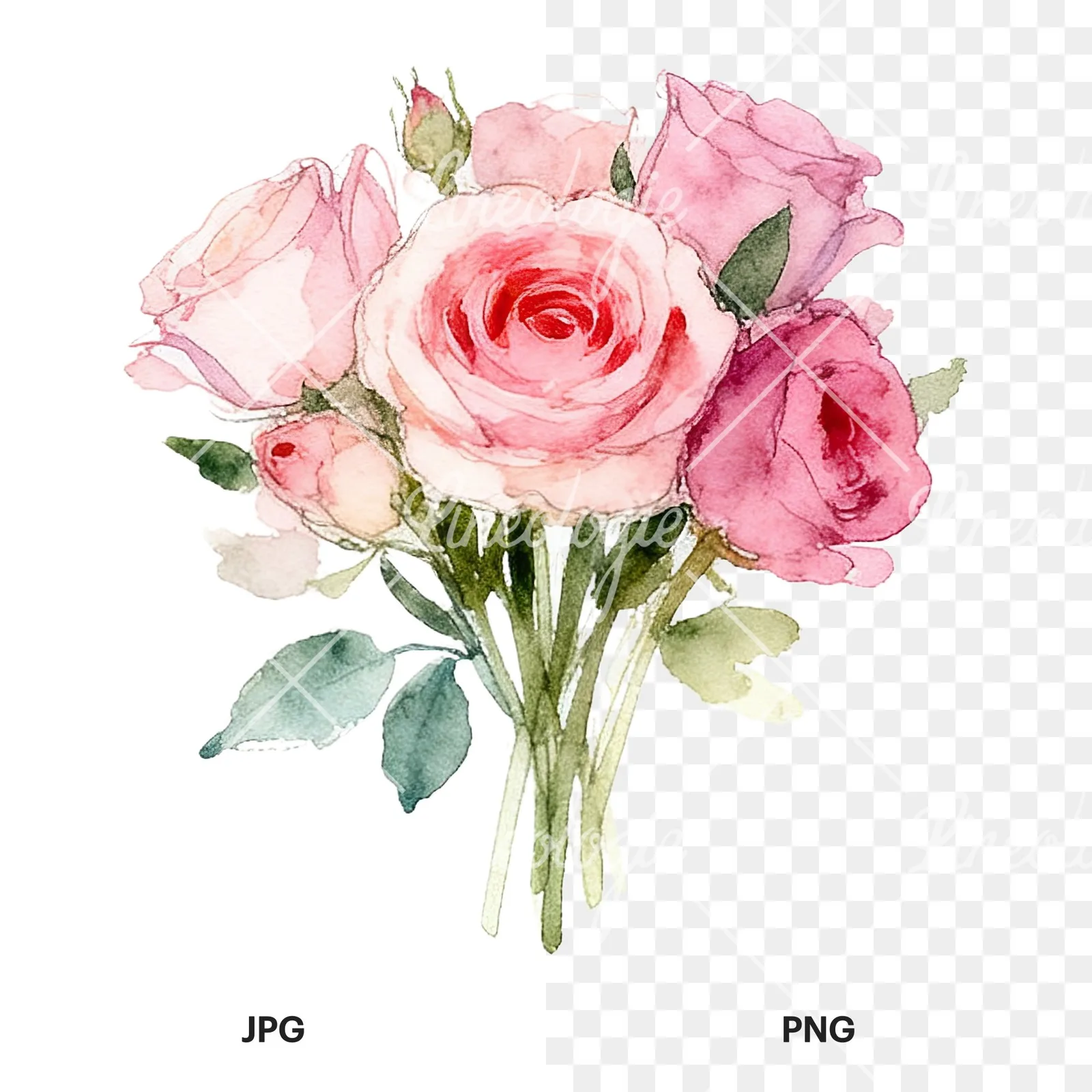 Watercolor pink rose bouquet with greenery clipart 12 of 12, as a JPG on white and a transparent PNG