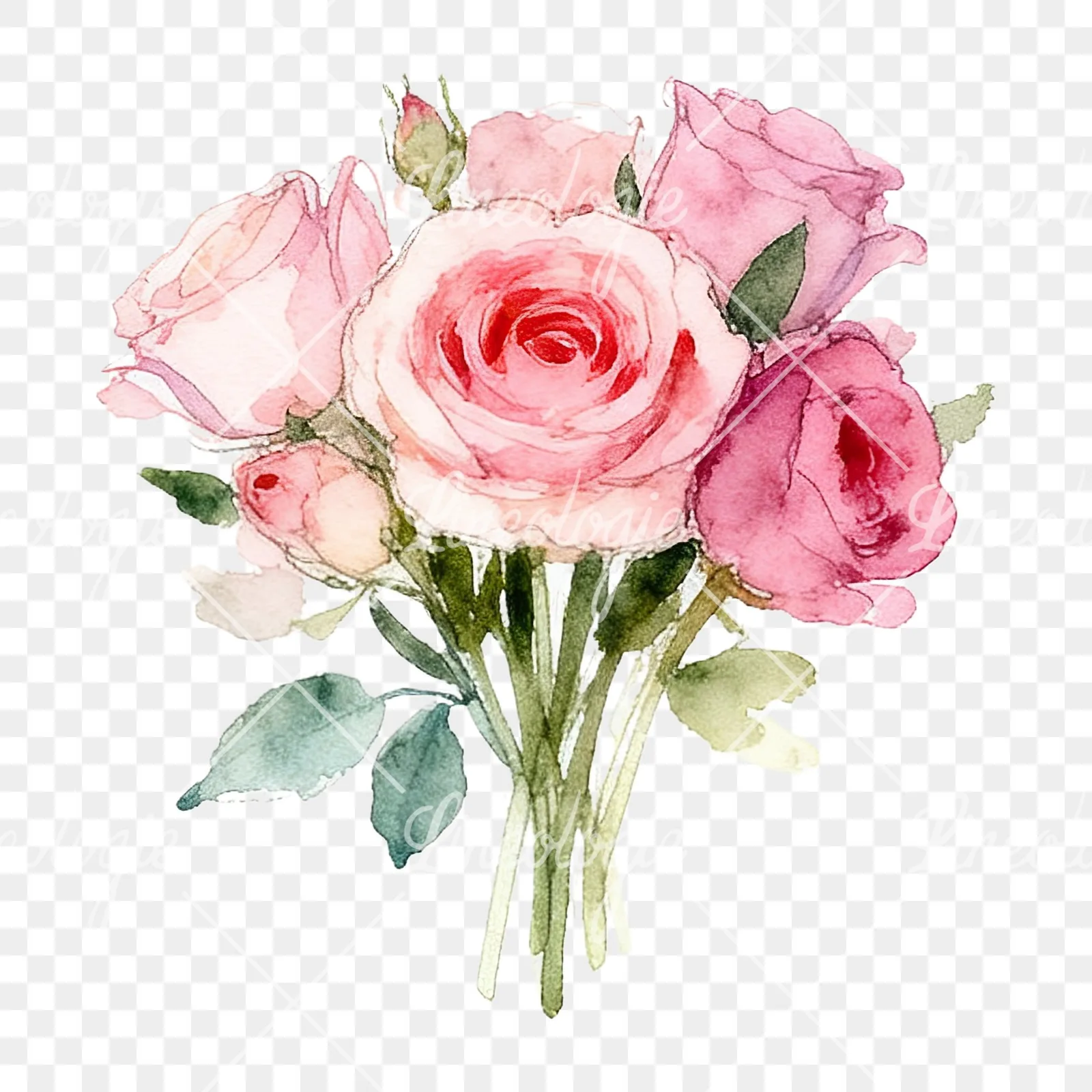 Watercolor pink rose bouquet with greenery clipart 12 of 12 on a transparent background (PNG)