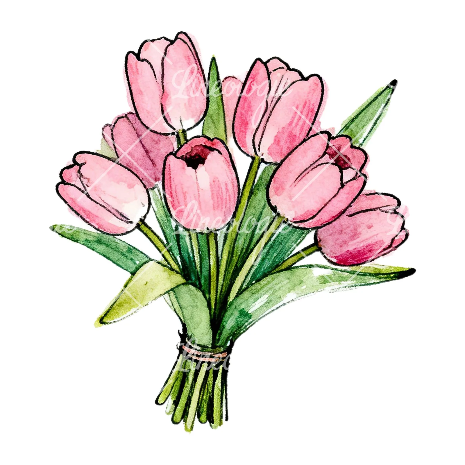 Watercolor pink tulip bouquet with open flowers clipart 1 of 12 on a white background (JPG)