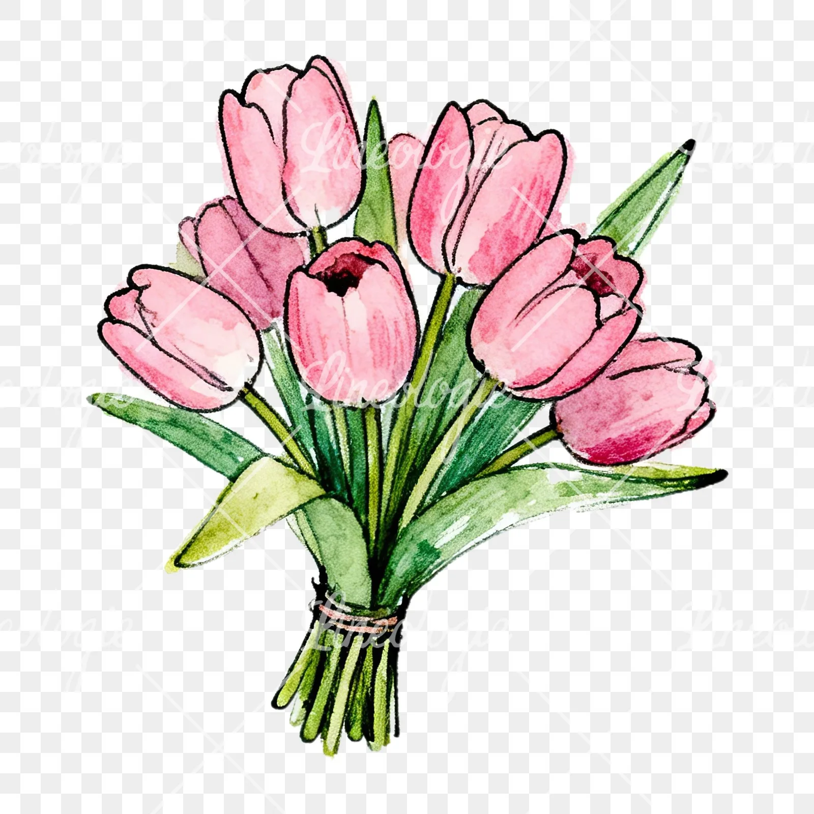 Watercolor pink tulip bouquet with open flowers clipart 1 of 12 on a transparent background (PNG)