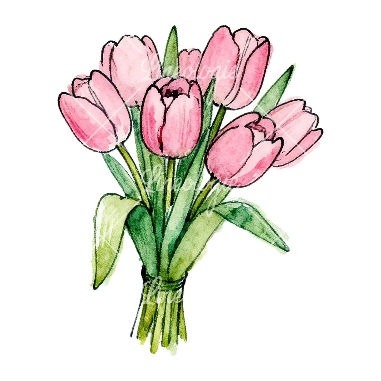 Watercolor pink tulip bouquet with open flowers clipart 2 of 12 on a white background (JPG)