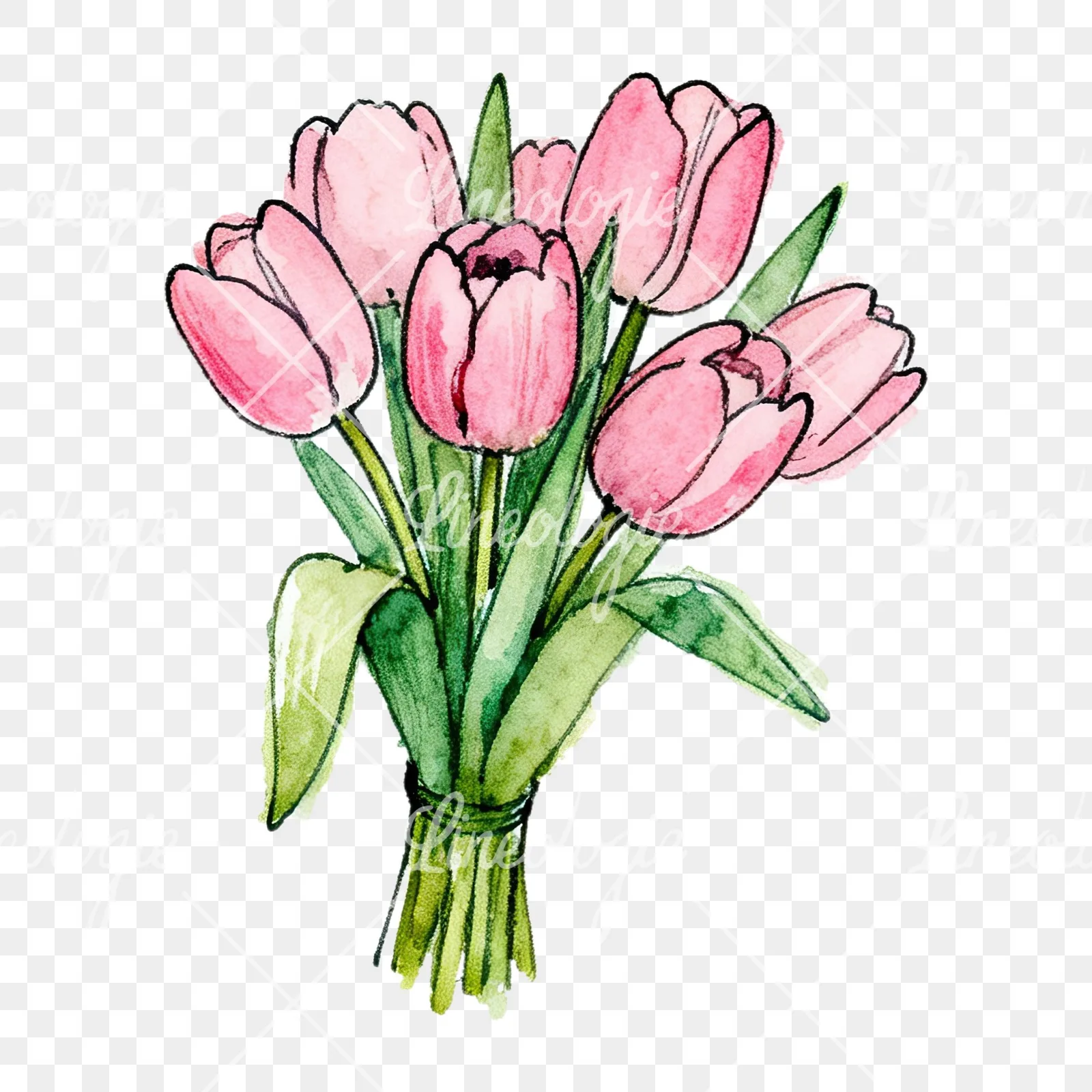 Watercolor pink tulip bouquet with open flowers clipart 2 of 12 on a transparent background (PNG)