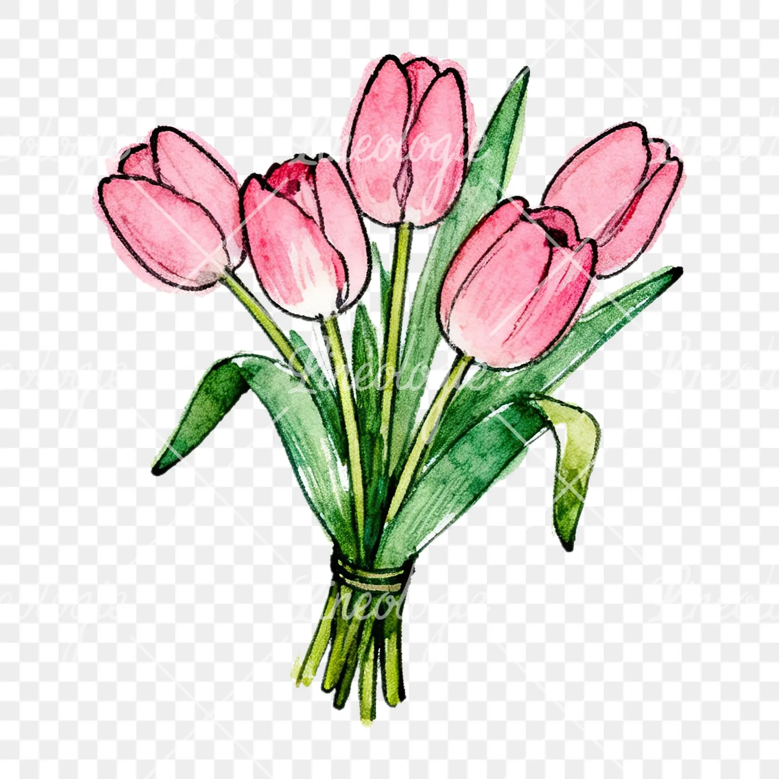 Watercolor pink tulip bouquet with open flowers clipart 3 of 12 on a transparent background (PNG)