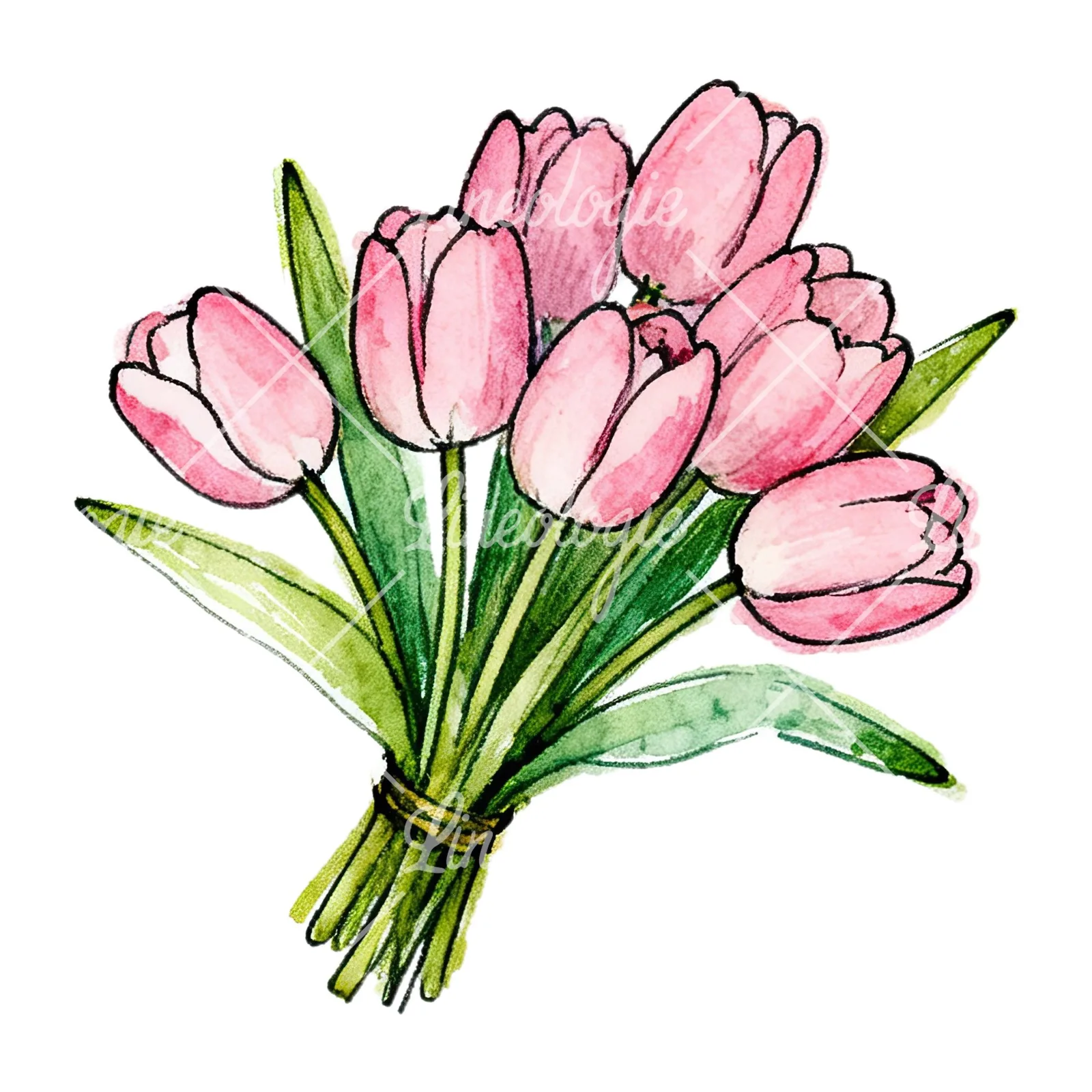 Watercolor pink tulip bouquet with open flowers clipart 4 of 12 on a white background (JPG)