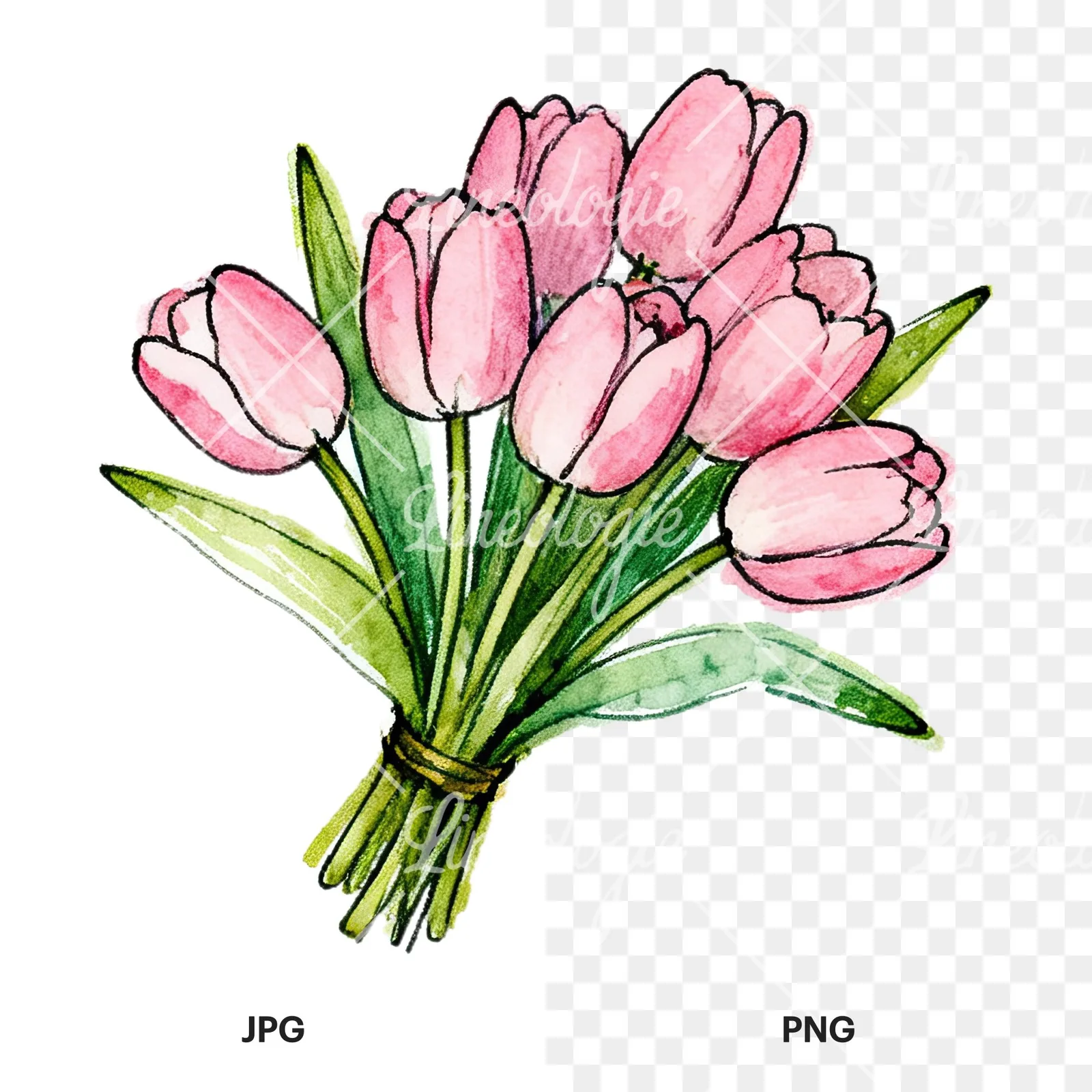 Watercolor pink tulip bouquet with open flowers clipart 4 of 12, as a JPG on white and a transparent PNG