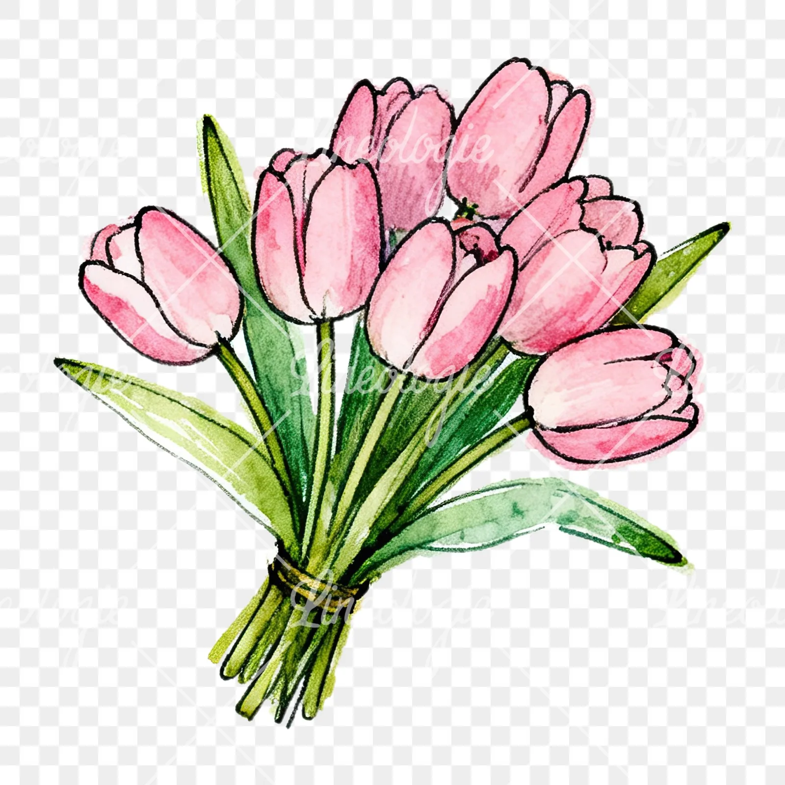 Watercolor pink tulip bouquet with open flowers clipart 4 of 12 on a transparent background (PNG)