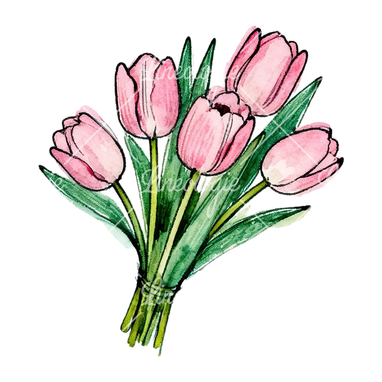 Watercolor pink tulip bouquet with open flowers clipart 5 of 12 on a white background (JPG)