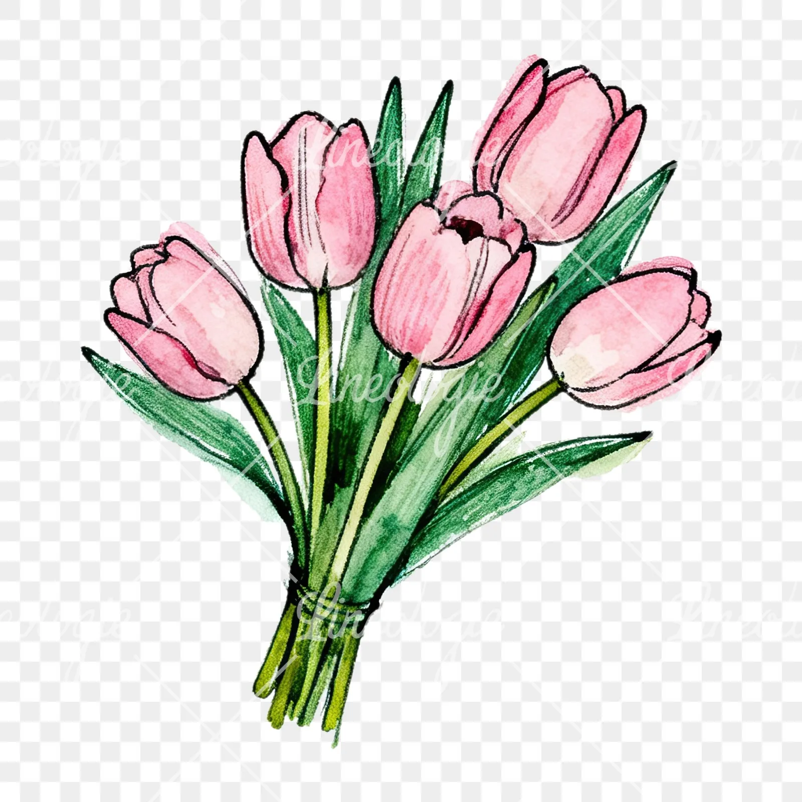 Watercolor pink tulip bouquet with open flowers clipart 5 of 12 on a transparent background (PNG)