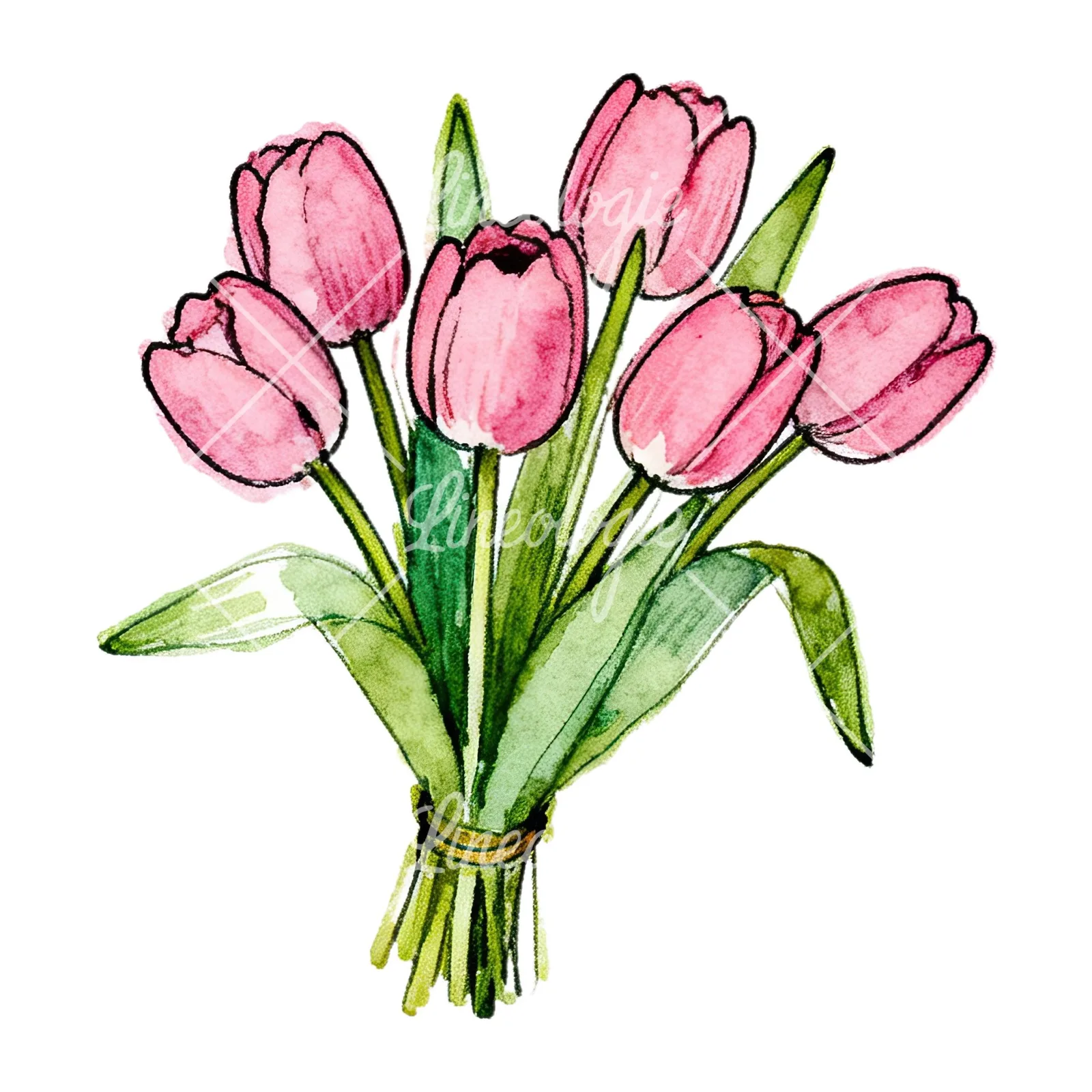 Watercolor pink tulip bouquet with open flowers clipart 7 of 12 on a white background (JPG)