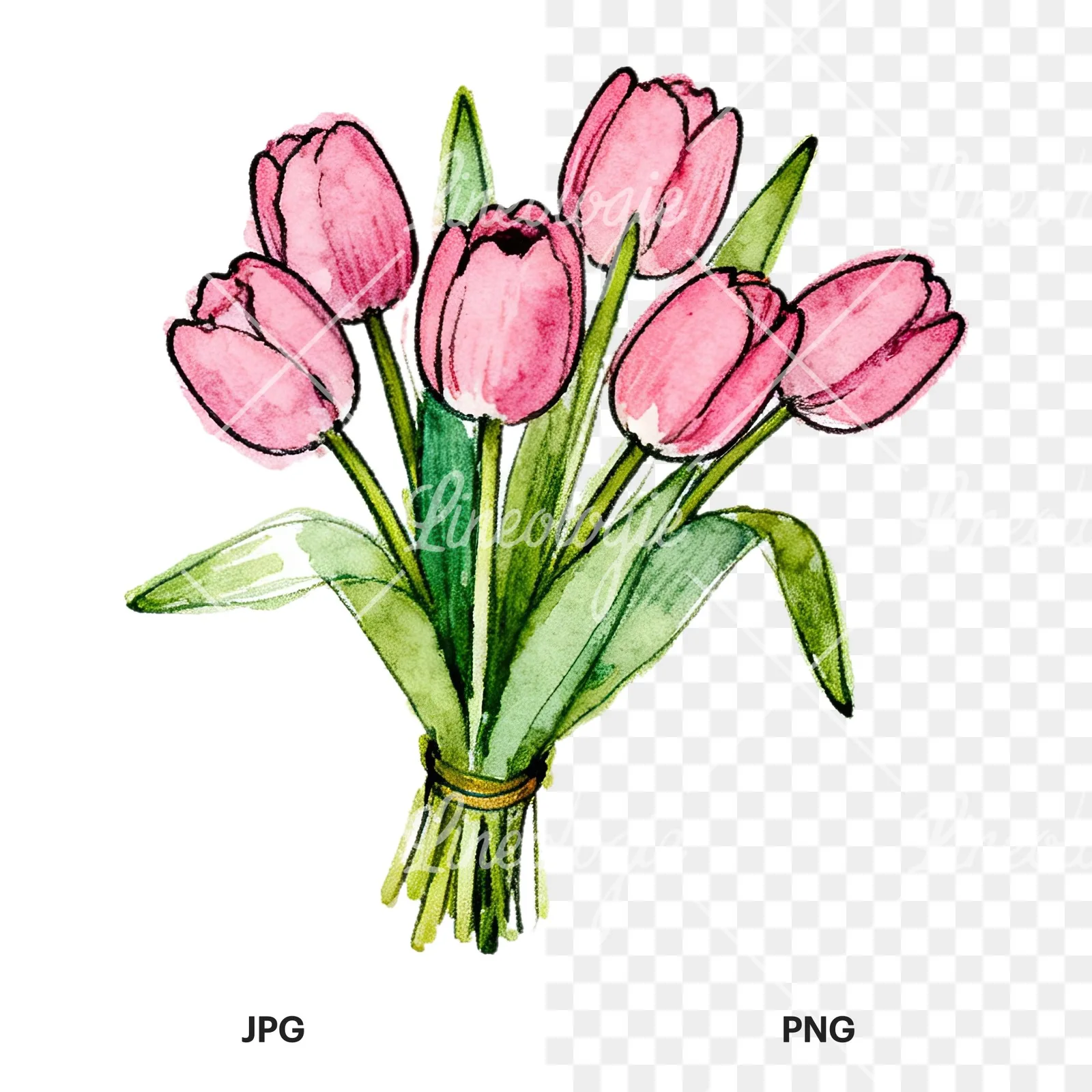 Watercolor pink tulip bouquet with open flowers clipart 7 of 12, as a JPG on white and a transparent PNG