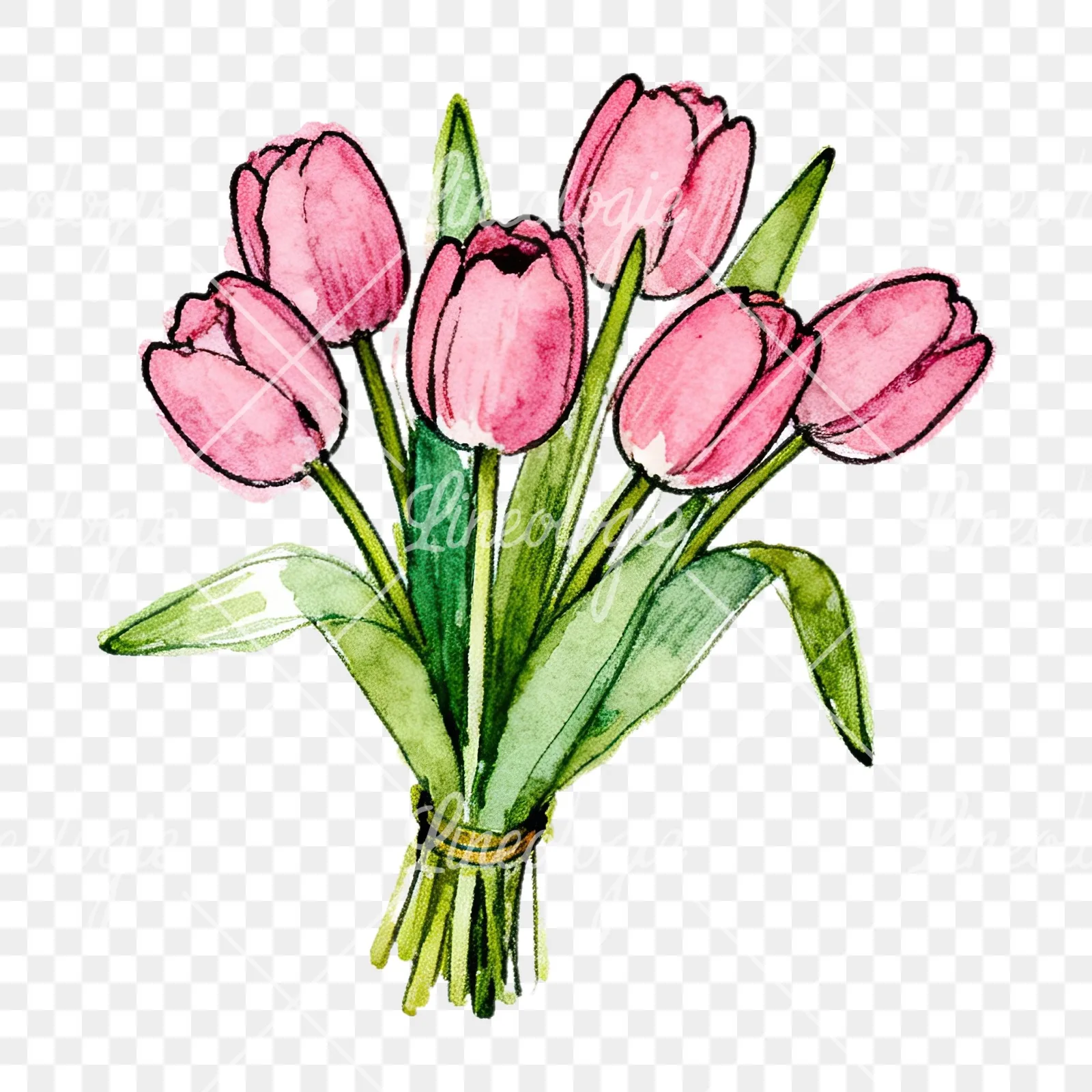Watercolor pink tulip bouquet with open flowers clipart 7 of 12 on a transparent background (PNG)