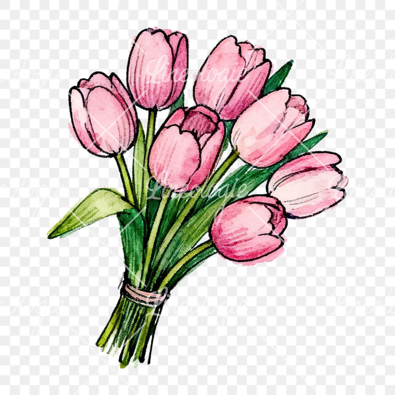 Watercolor pink tulip bouquet with open flowers clipart 8 of 12 on a transparent background (PNG)