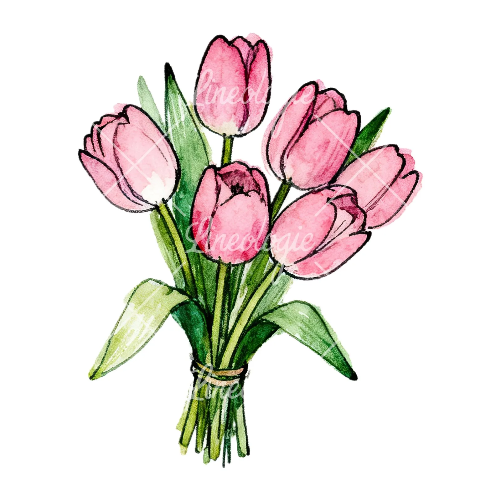 Watercolor pink tulip bouquet with open flowers clipart 9 of 12 on a white background (JPG)