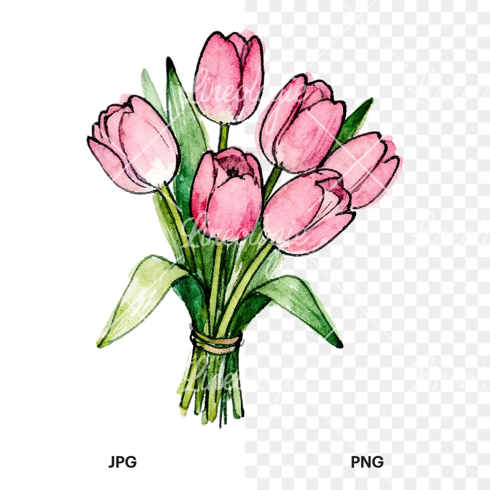 Watercolor pink tulip bouquet with open flowers clipart 9 of 12, as a JPG on white and a transparent PNG