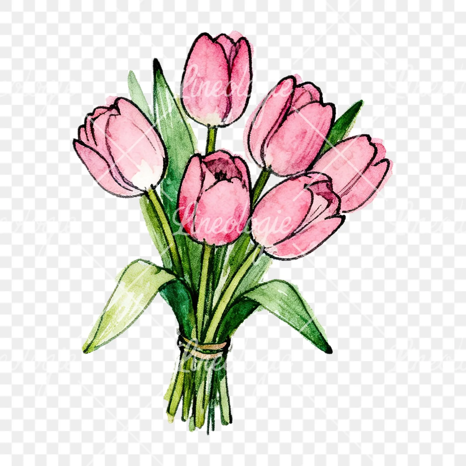 Watercolor pink tulip bouquet with open flowers clipart 9 of 12 on a transparent background (PNG)