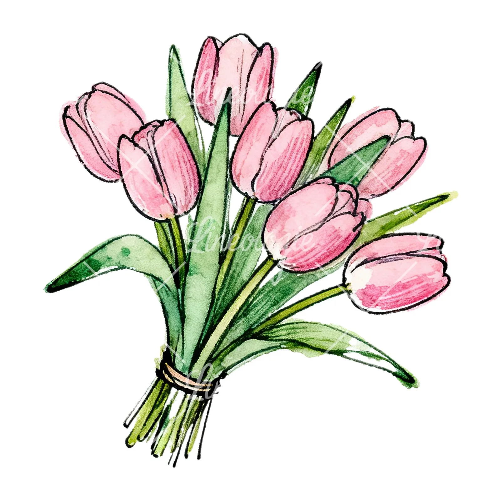 Watercolor pink tulip bouquet with open flowers clipart 10 of 12 on a white background (JPG)