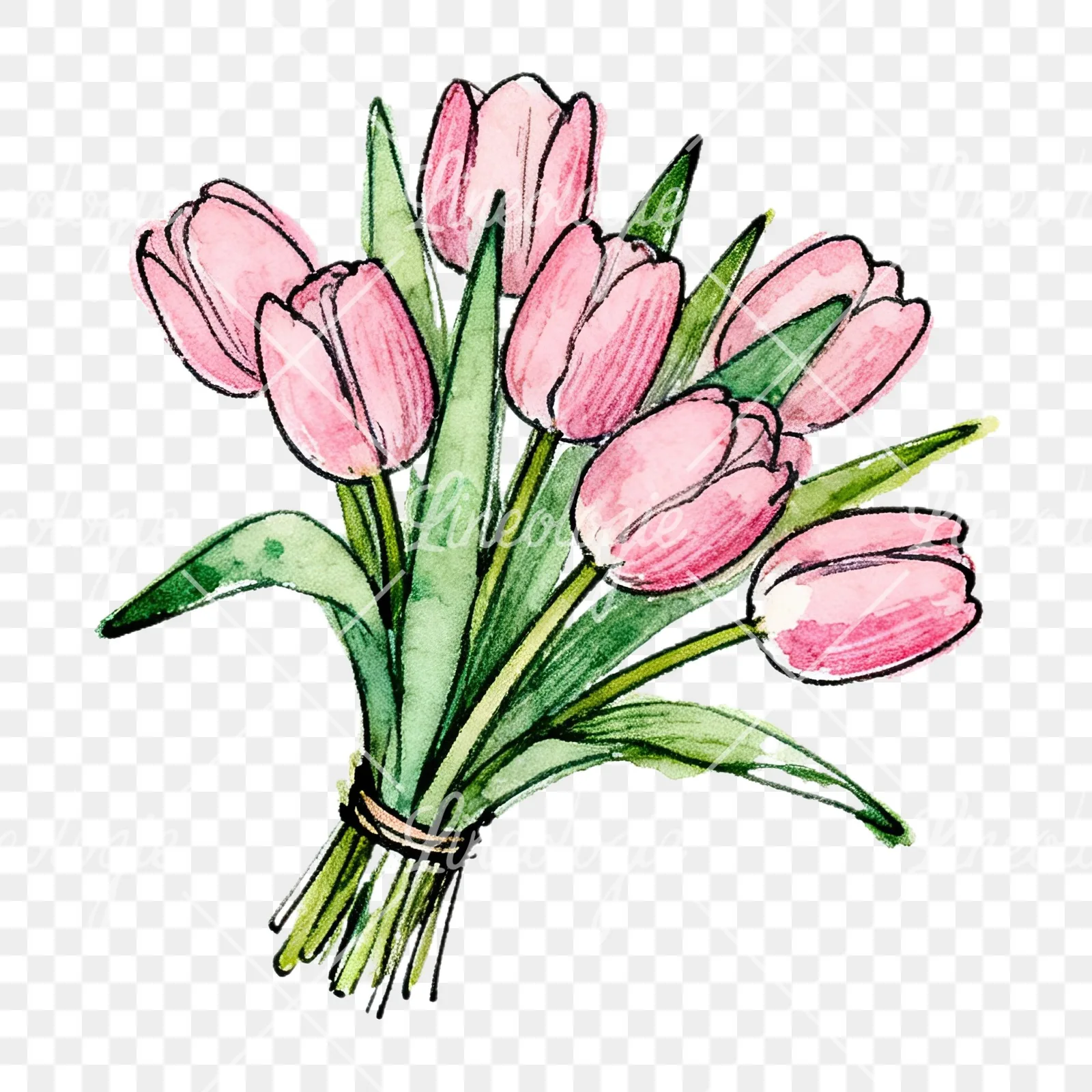 Watercolor pink tulip bouquet with open flowers clipart 10 of 12 on a transparent background (PNG)