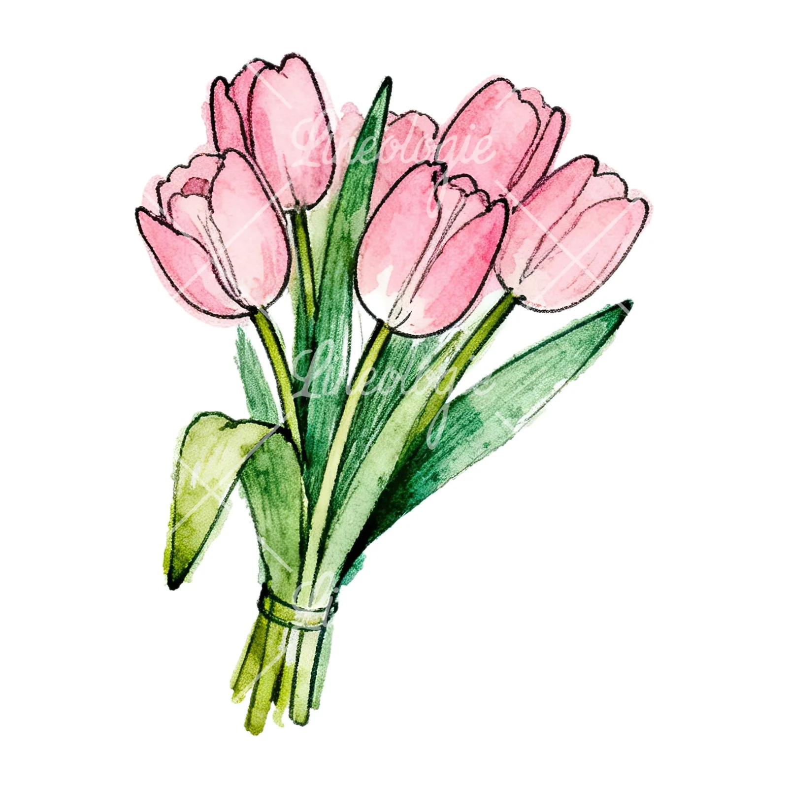 Watercolor pink tulip bouquet with open flowers clipart 11 of 12 on a white background (JPG)