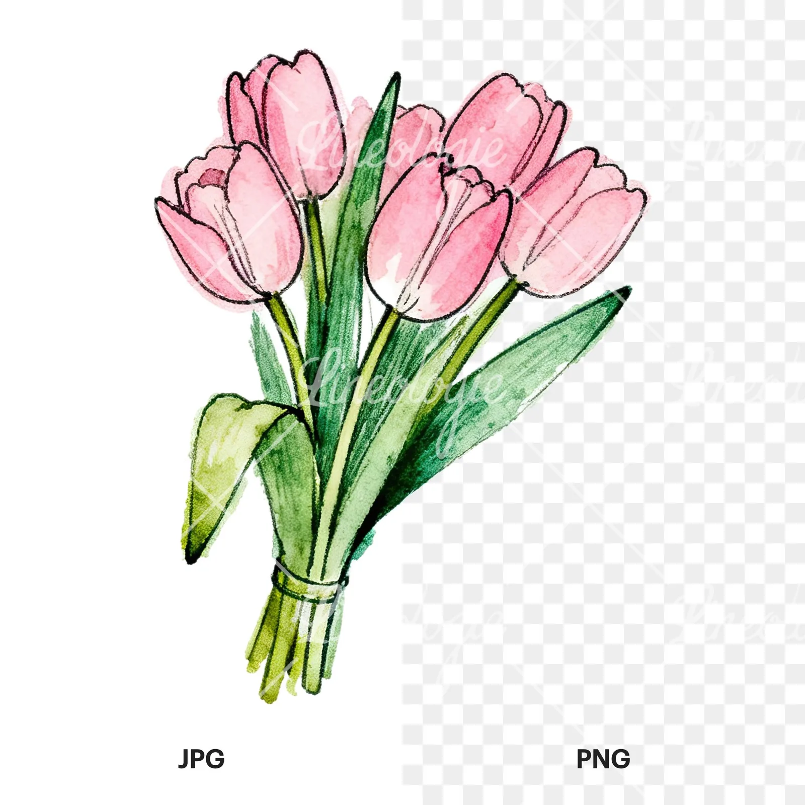Watercolor pink tulip bouquet with open flowers clipart 11 of 12, as a JPG on white and a transparent PNG