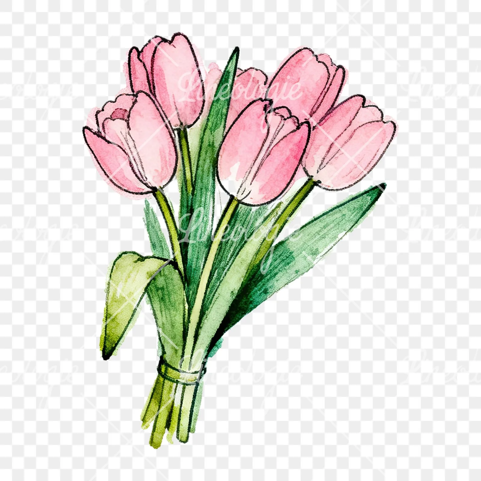 Watercolor pink tulip bouquet with open flowers clipart 11 of 12 on a transparent background (PNG)