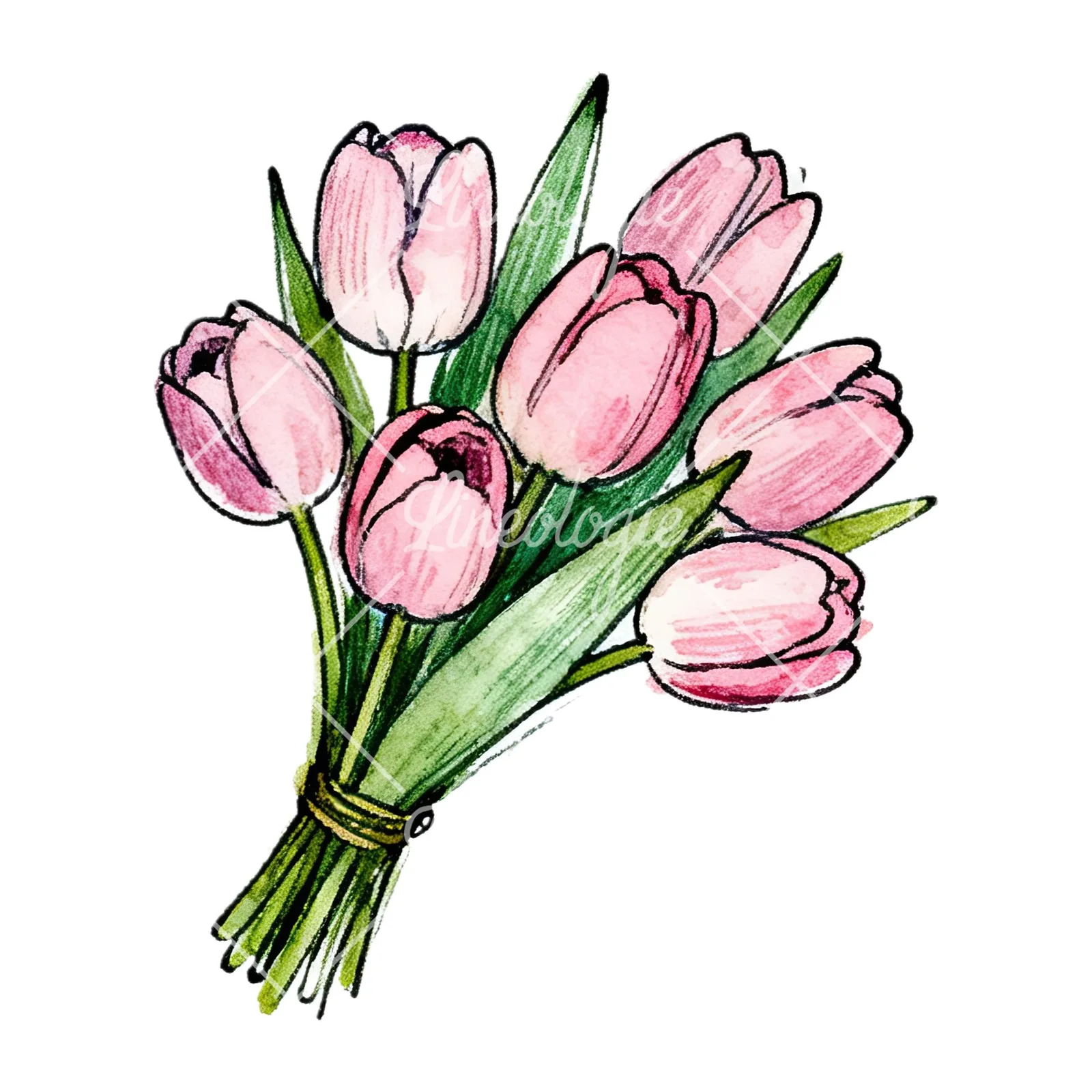 Watercolor pink tulip bouquet with open flowers clipart 12 of 12 on a white background (JPG)