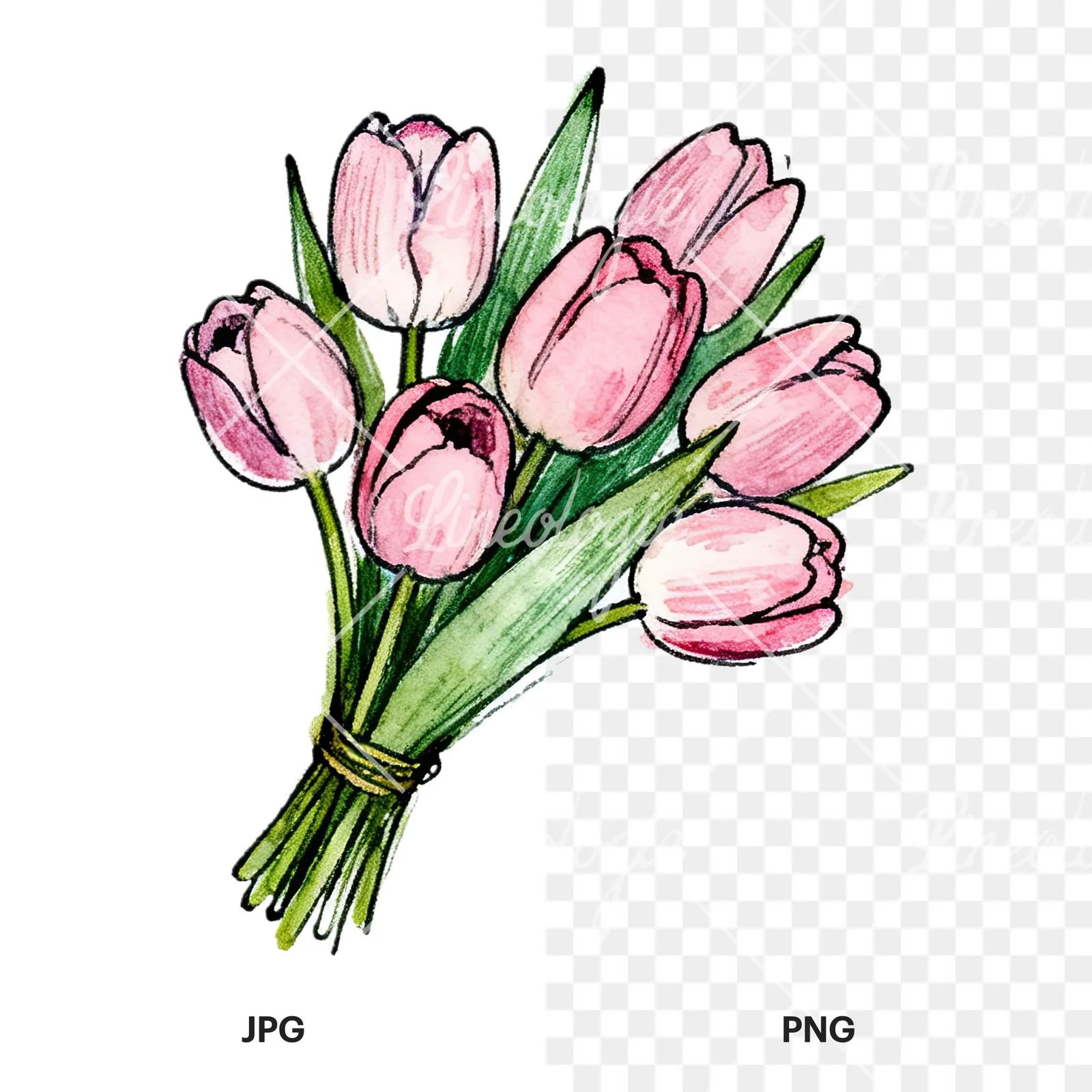 Watercolor pink tulip bouquet with open flowers clipart 12 of 12, as a JPG on white and a transparent PNG