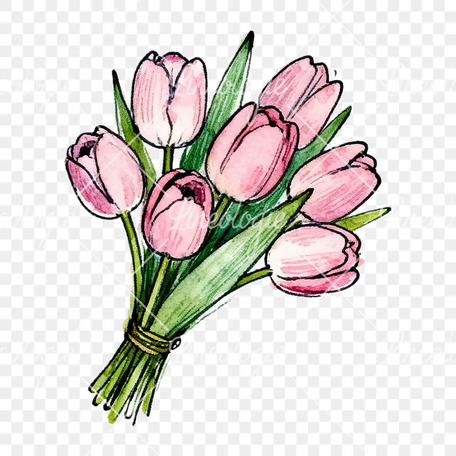 Watercolor pink tulip bouquet with open flowers clipart 12 of 12 on a transparent background (PNG)