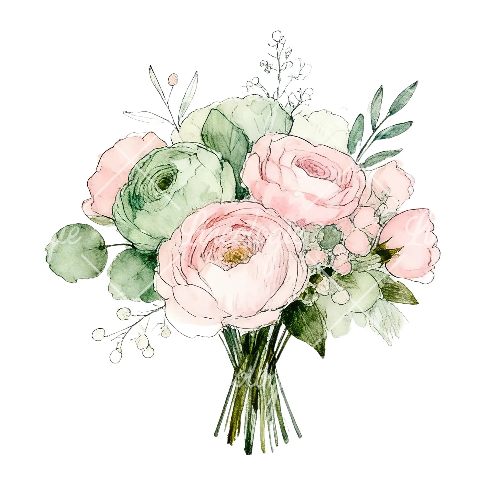 Watercolor soft pink sage green wedding bouquet clipart 1 of 12 on a white background (JPG)