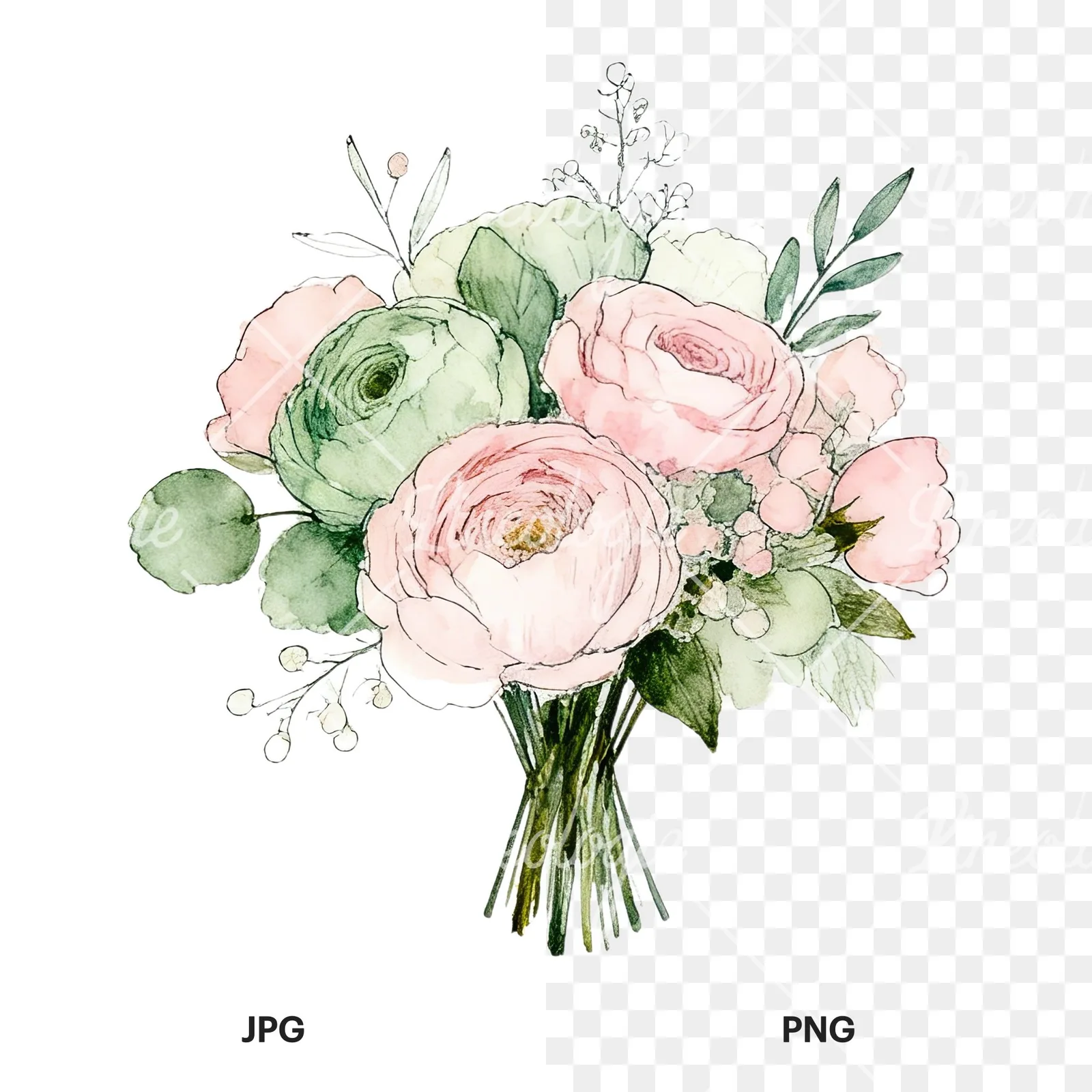 Watercolor soft pink sage green wedding bouquet clipart 1 of 12, as a JPG on white and a transparent PNG