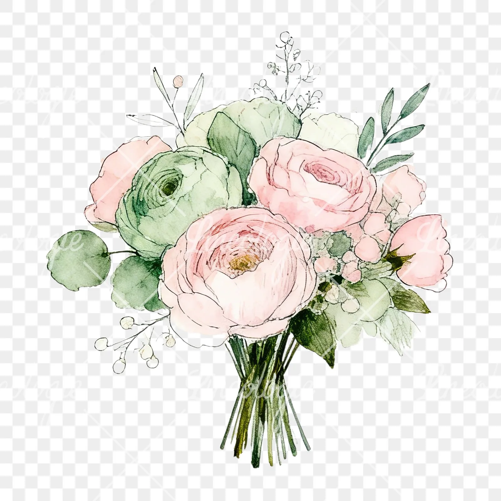 Watercolor soft pink sage green wedding bouquet clipart 1 of 12 on a transparent background (PNG)