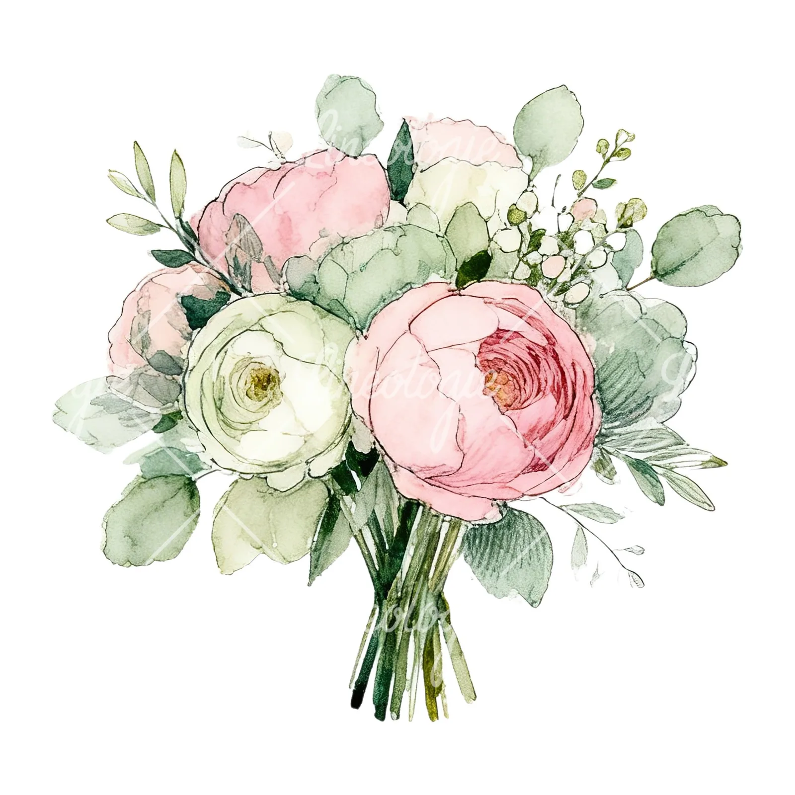 Watercolor soft pink sage green wedding bouquet clipart 2 of 12 on a white background (JPG)