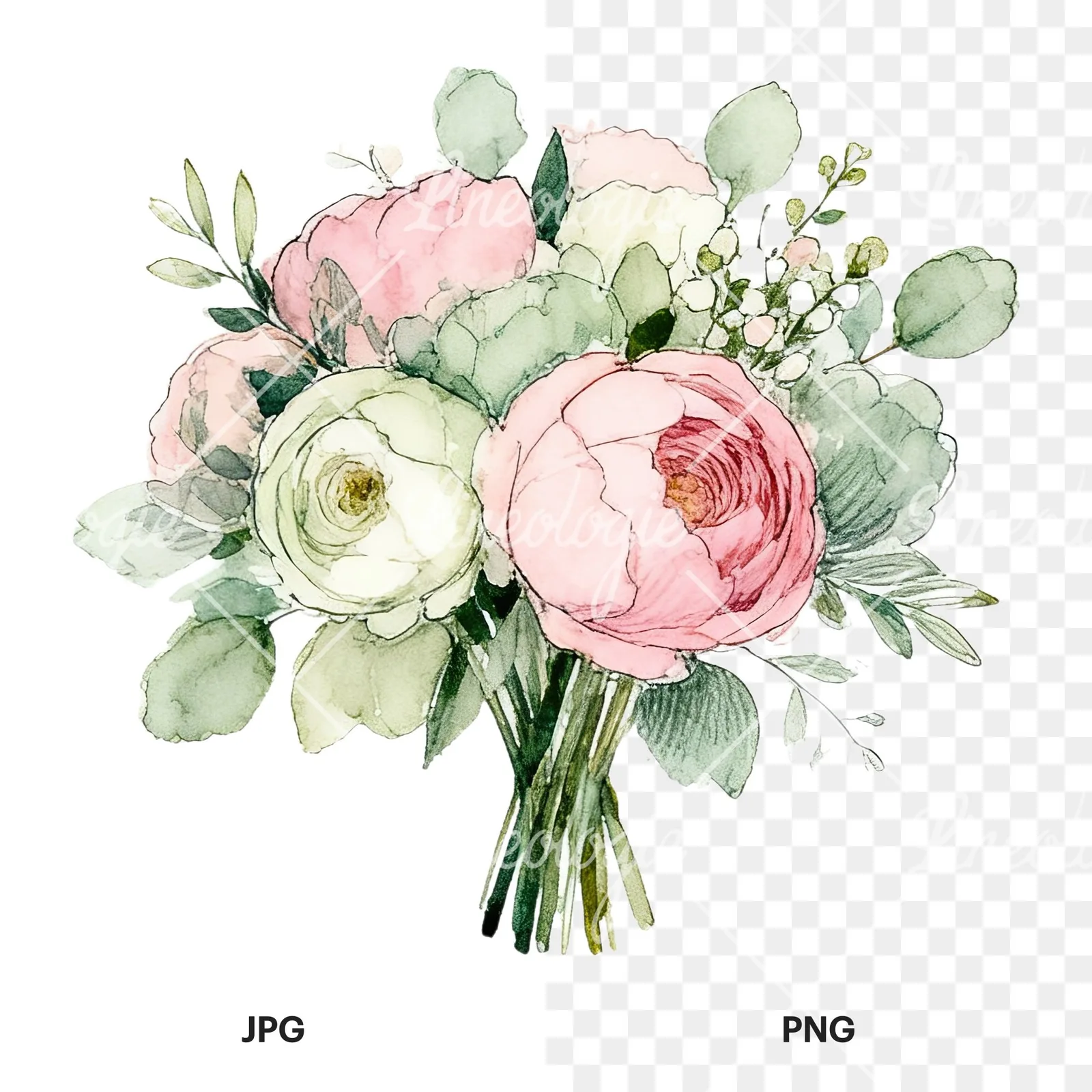Watercolor soft pink sage green wedding bouquet clipart 2 of 12, as a JPG on white and a transparent PNG