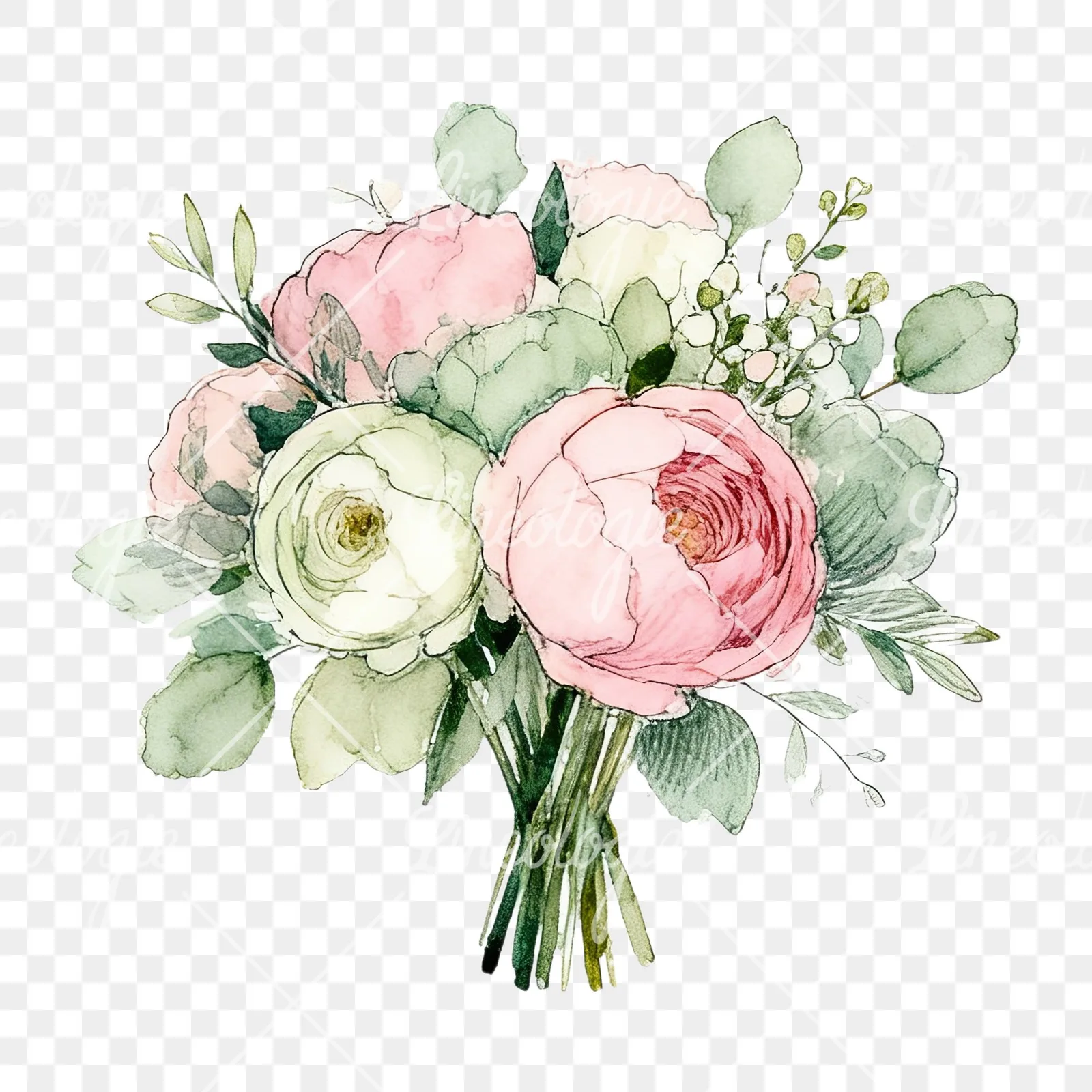 Watercolor soft pink sage green wedding bouquet clipart 2 of 12 on a transparent background (PNG)