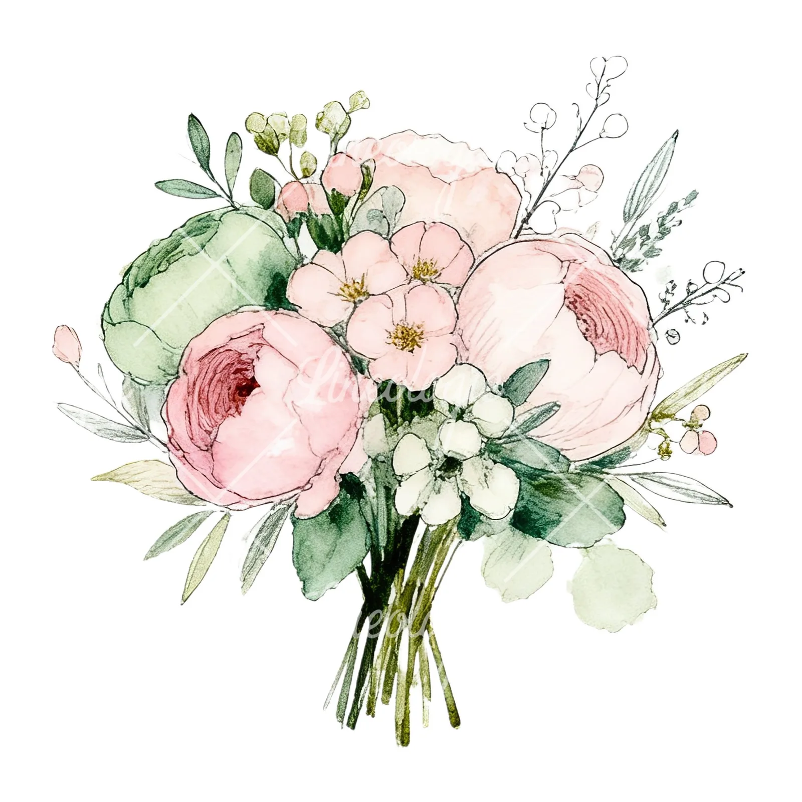 Watercolor soft pink sage green wedding bouquet clipart 3 of 12 on a white background (JPG)