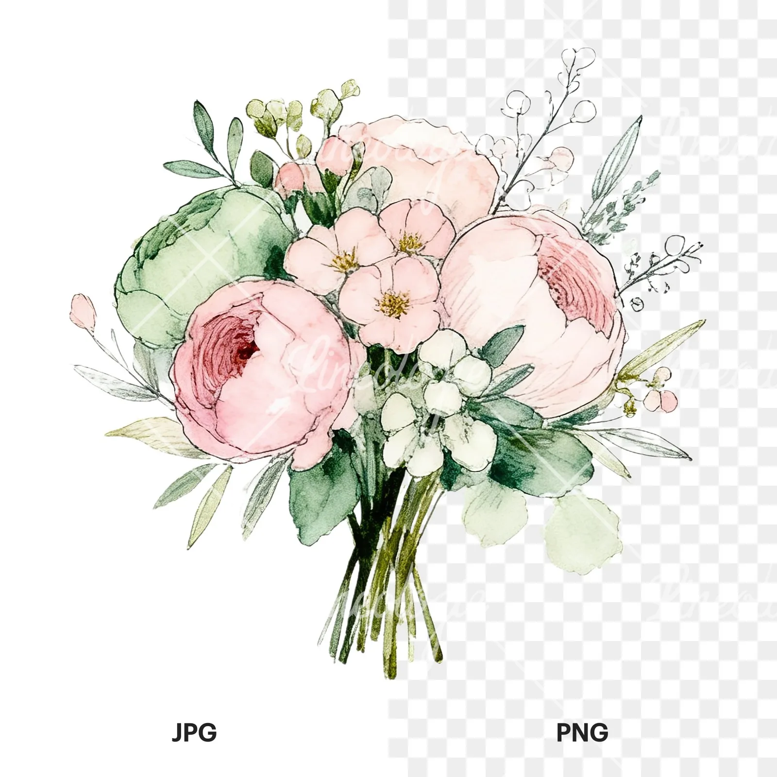 Watercolor soft pink sage green wedding bouquet clipart 3 of 12, as a JPG on white and a transparent PNG