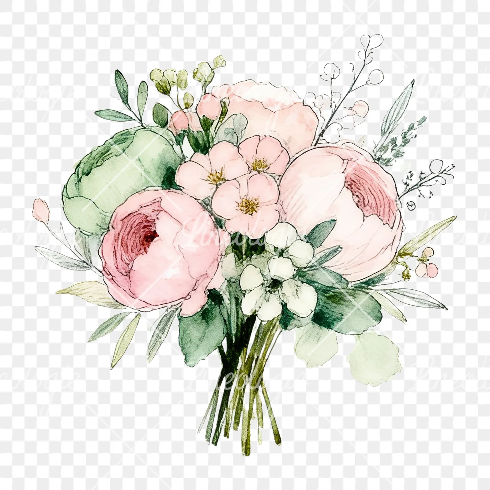 Watercolor soft pink sage green wedding bouquet clipart 3 of 12 on a transparent background (PNG)