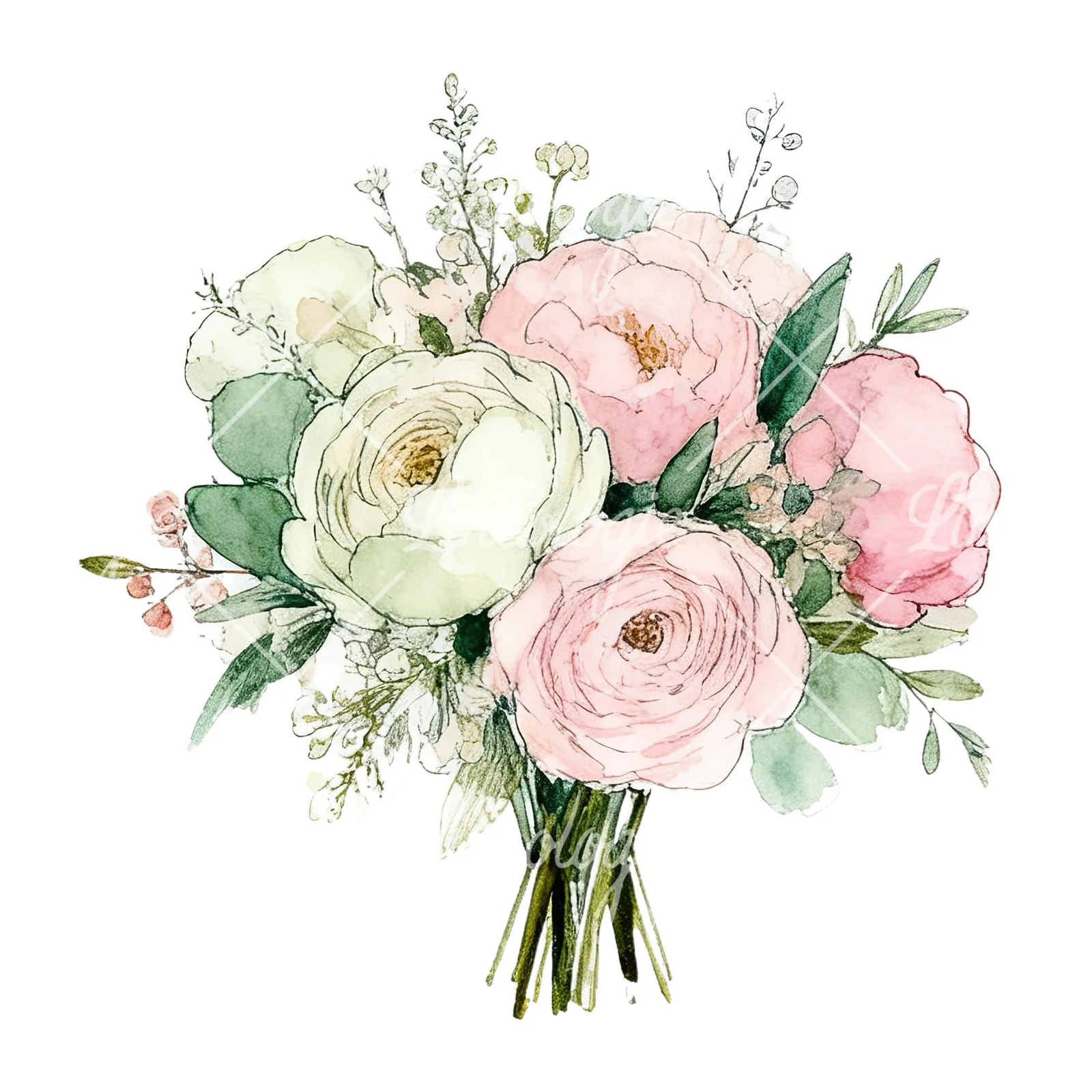 Watercolor soft pink sage green wedding bouquet clipart 4 of 12 on a white background (JPG)