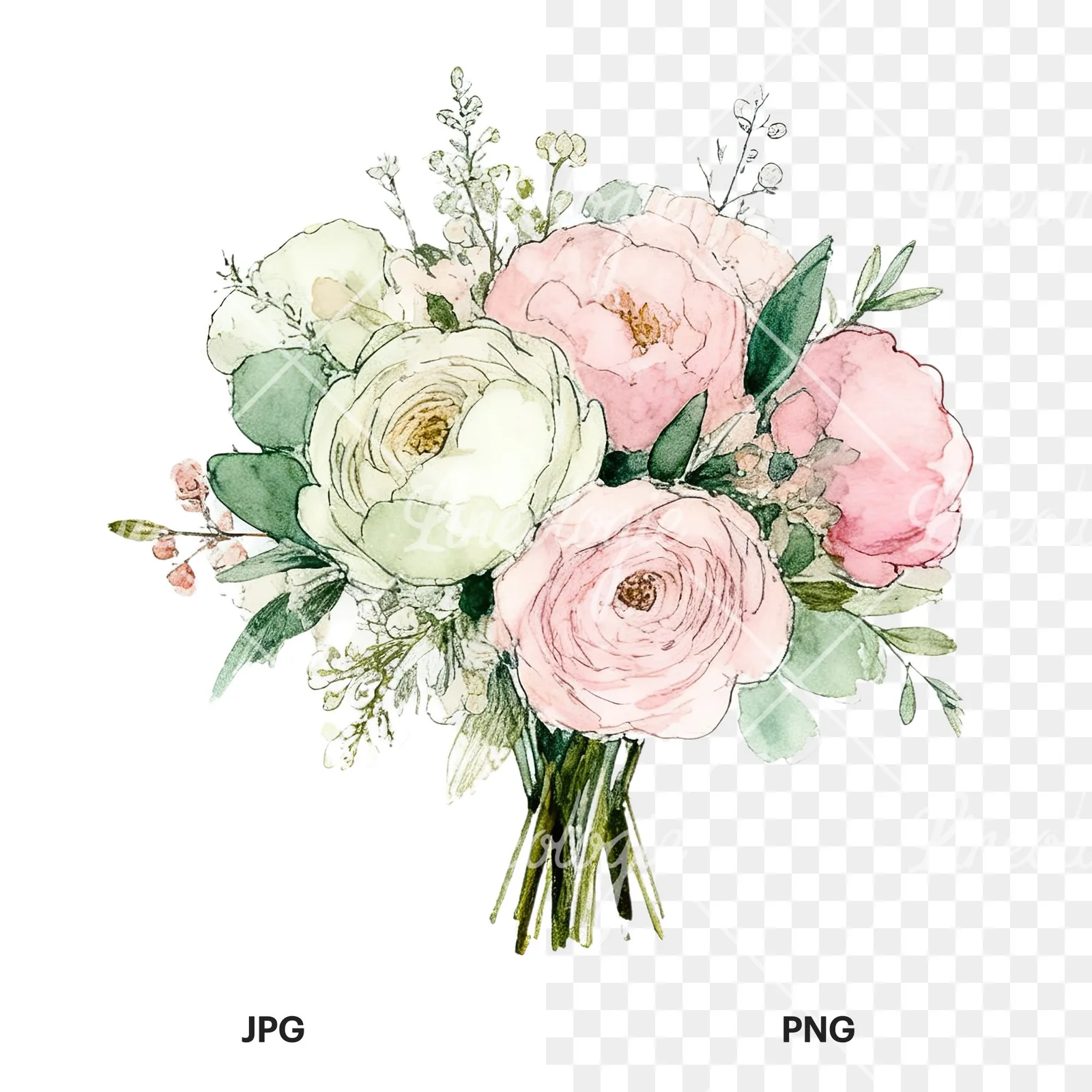 Watercolor soft pink sage green wedding bouquet clipart 4 of 12, as a JPG on white and a transparent PNG